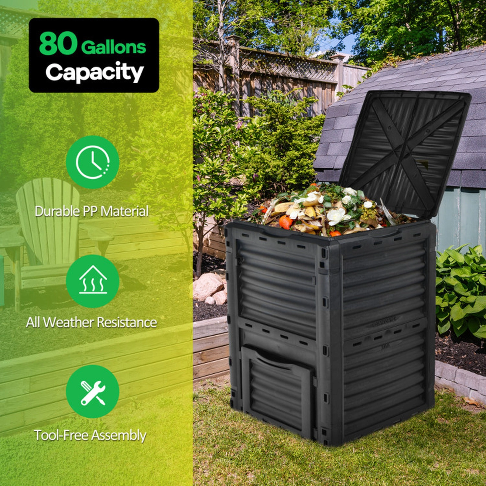 SUGIFT 80-Gal Heat-Retaining PP Openable Lid Bottom Exit Door Outdoor Composter Bin 23.5-in x 23-in x 32-in Black