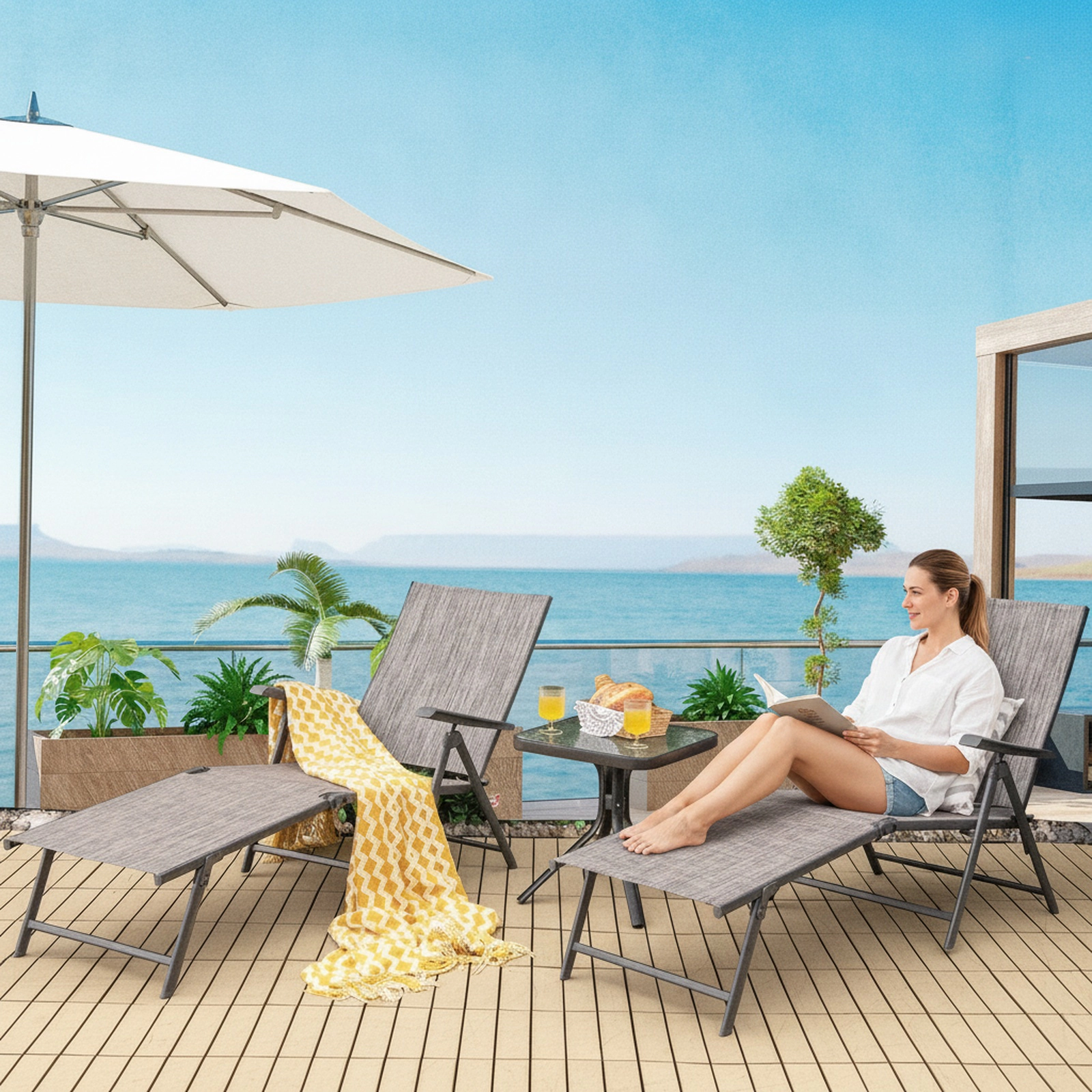 SUGIFT 2-Piece Folding Chaise Lounge Chairs, 5-Position Backrest, 2-Position Footrest, Gray