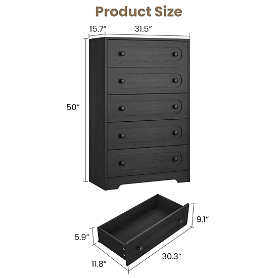 BebreezChic Mid-Century 5-Drawer Dresser, Tall Wide Chest, Deep Drawers, Metal Knobs, Wooden Frame, Black