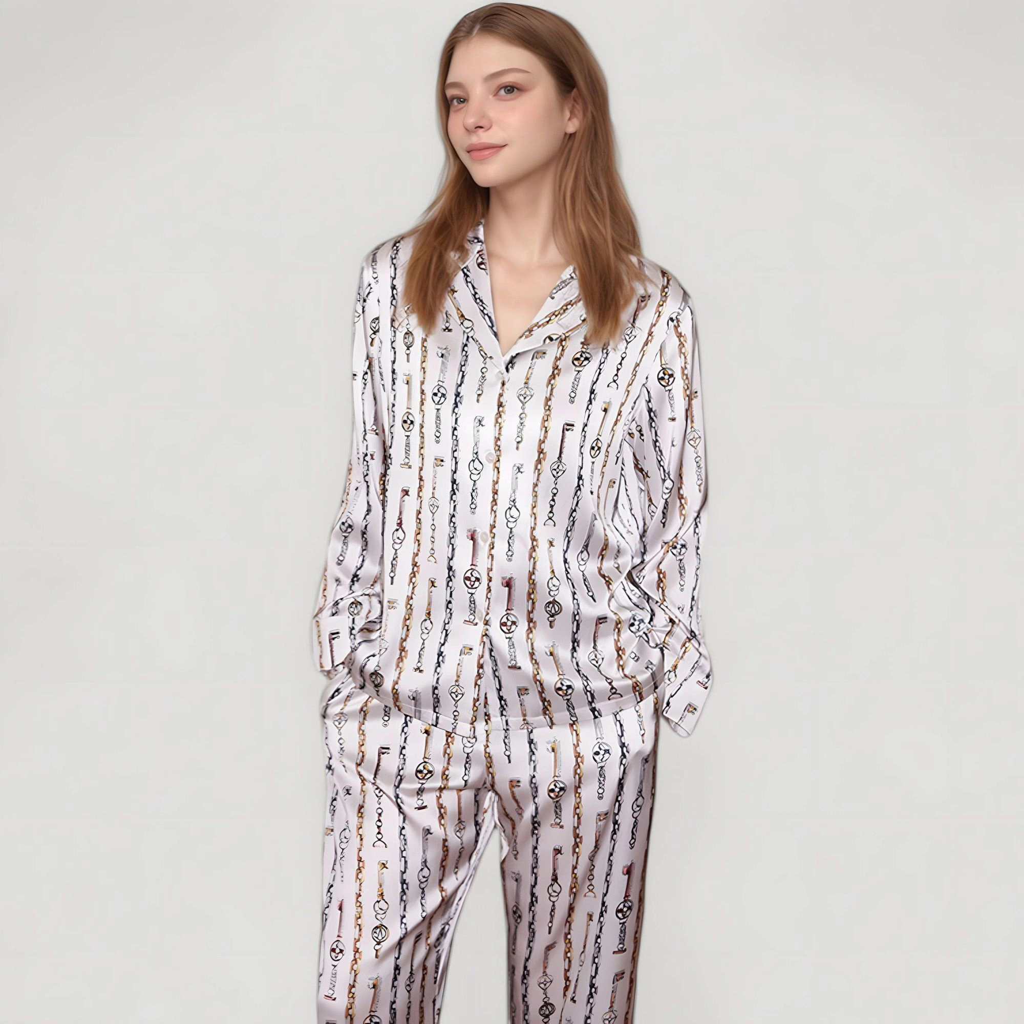 Anna-Kaci Women's Key and Chain Print Woven Pajama Set with Button Down Long Sleeve Top Relaxed Fit Pants