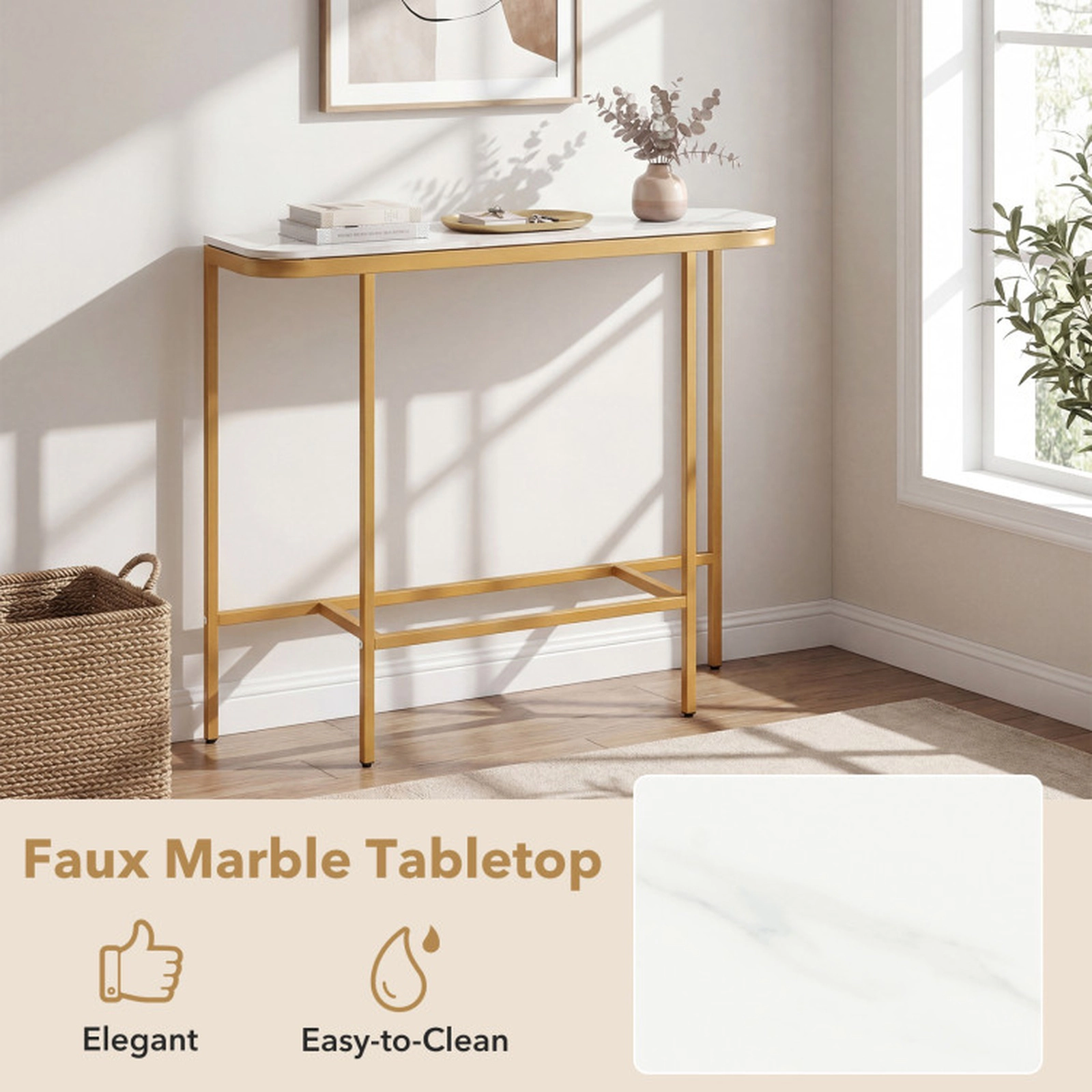 SUGIFT Faux Marble Console Entryway Table 66-lb Capacity 36-in Tall White + Gold/Gray + Black