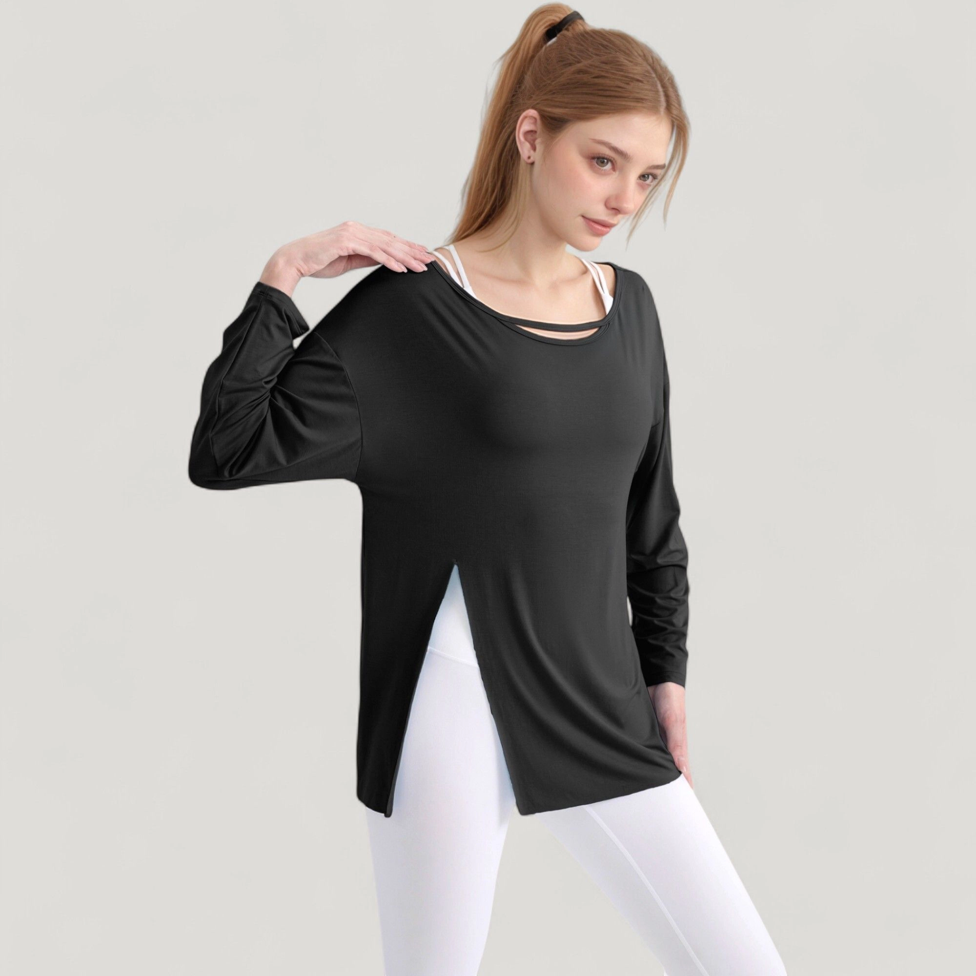 Anna-Kaci Women's Long Sleeve Pullover Top with Cutout Scoop Neck and Side Slit Hem