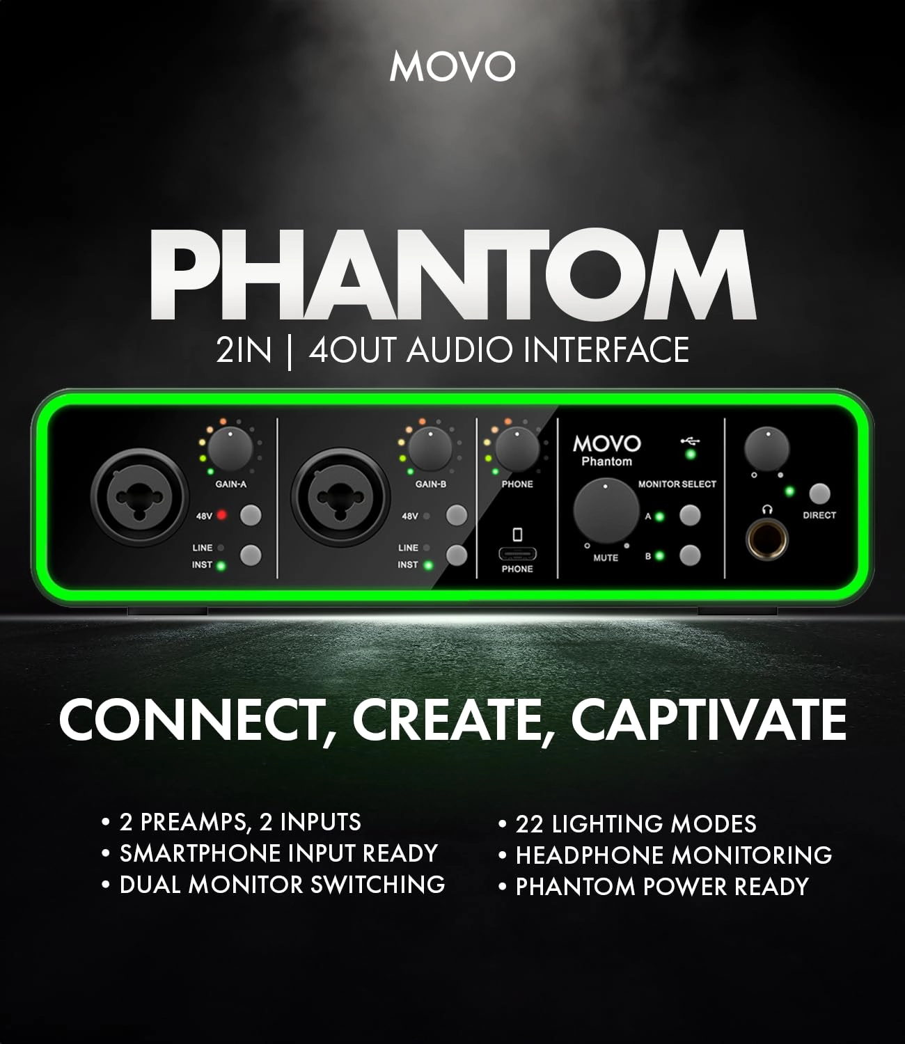 Movo Phantom Dual Channel USB/USB-C Audio Interface for Recording, Songwriting, Podcasting, Audio Production w/USB-C