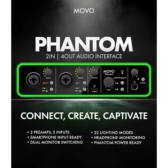 Movo Phantom Dual Channel USB/USB-C Audio Interface for Recording, Songwriting, Podcasting, Audio Production w/USB-C