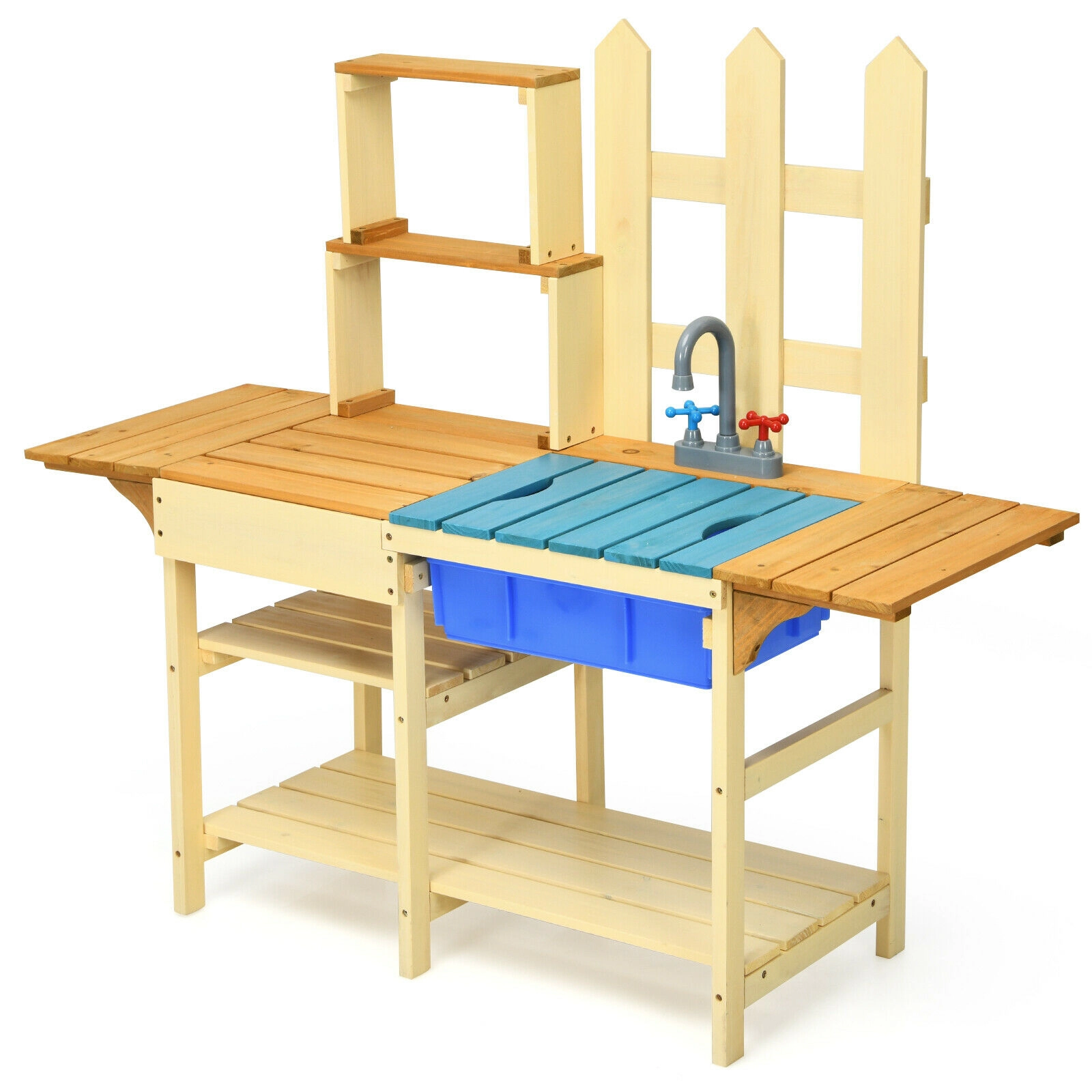SUGIFT Outdoor Fir Wood Pretend Cook Kitchen Playset with Sink and Faucet 39.5-in Tall Ages 3+ As shown in the figure