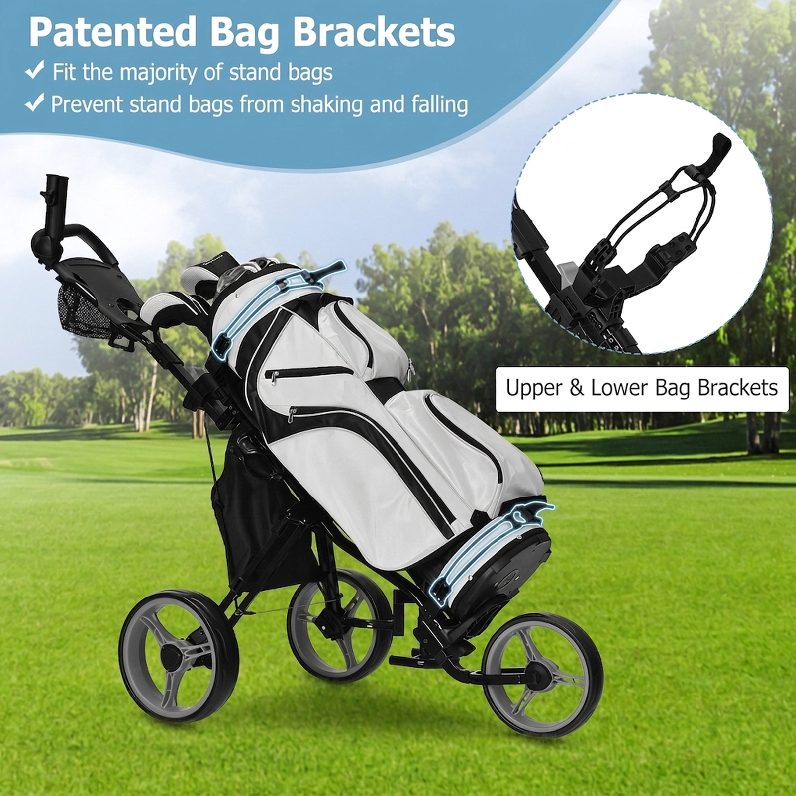 3-Wheel Folding Golf Push Cart with Seat Scoreboard Adjustable Handle Quick Brake Umbrella Holder 30-lb Gray