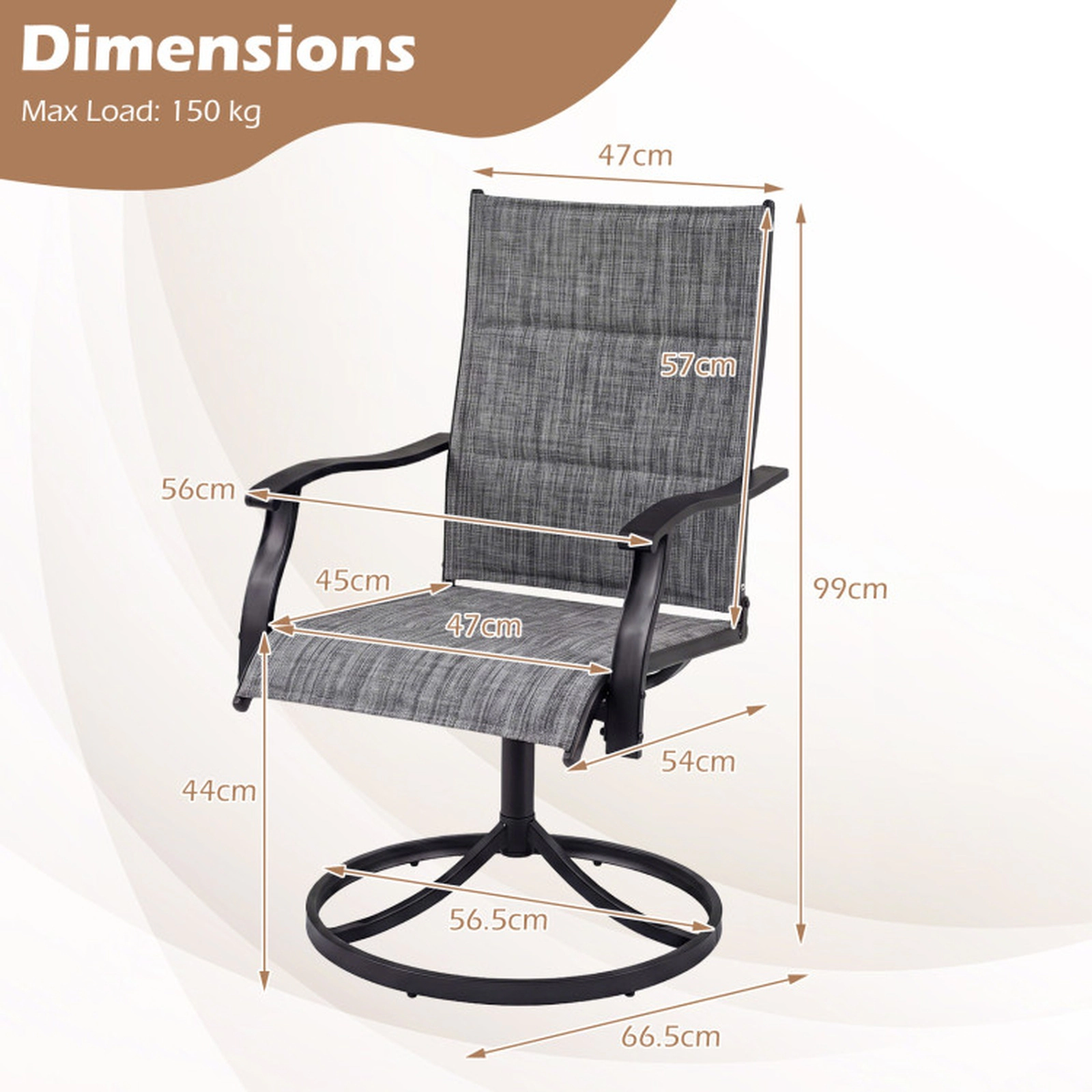 SUGIFT Padded Patio Swivel Dining Chairs with 360-Degree Rocking Seat 330-lb Capacity Breathable Fabric Gray