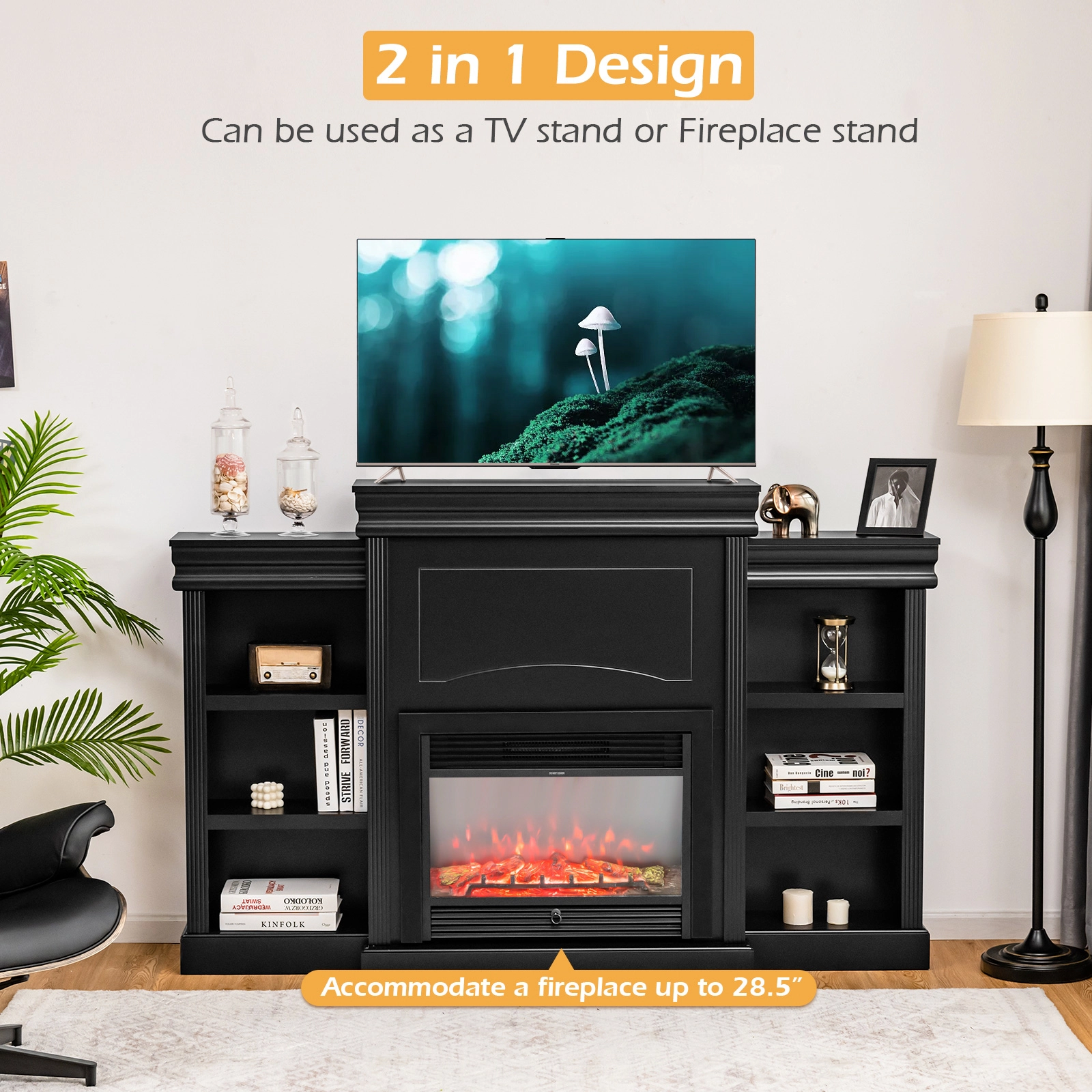 SUGIFT 70-in Modern Fireplace Media TV Stand with Bookcase 44-lb Tabletop Capacity Black