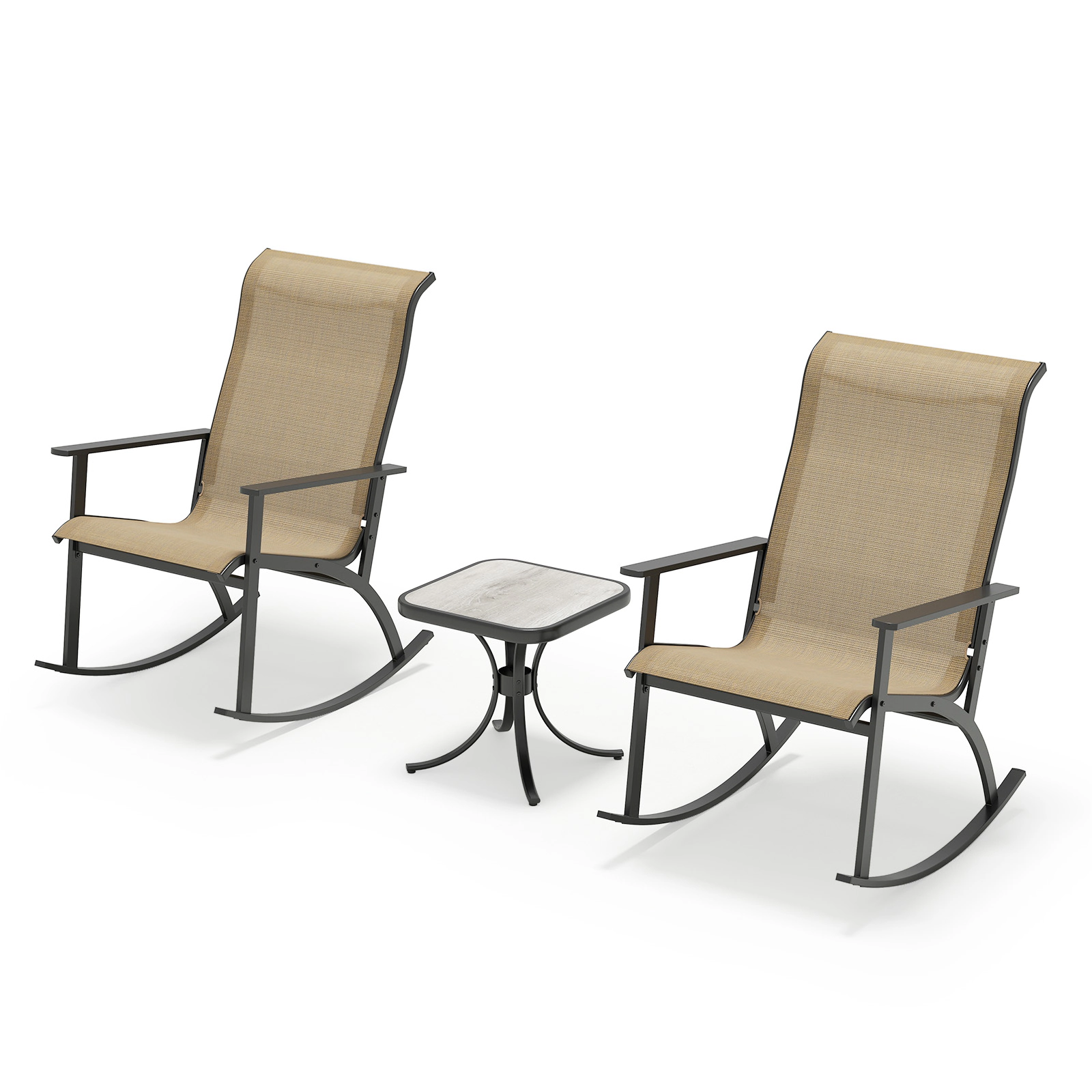 SUGIFT 3-Piece High-Back Outdoor Rocking Chair Set with Composite Side Table