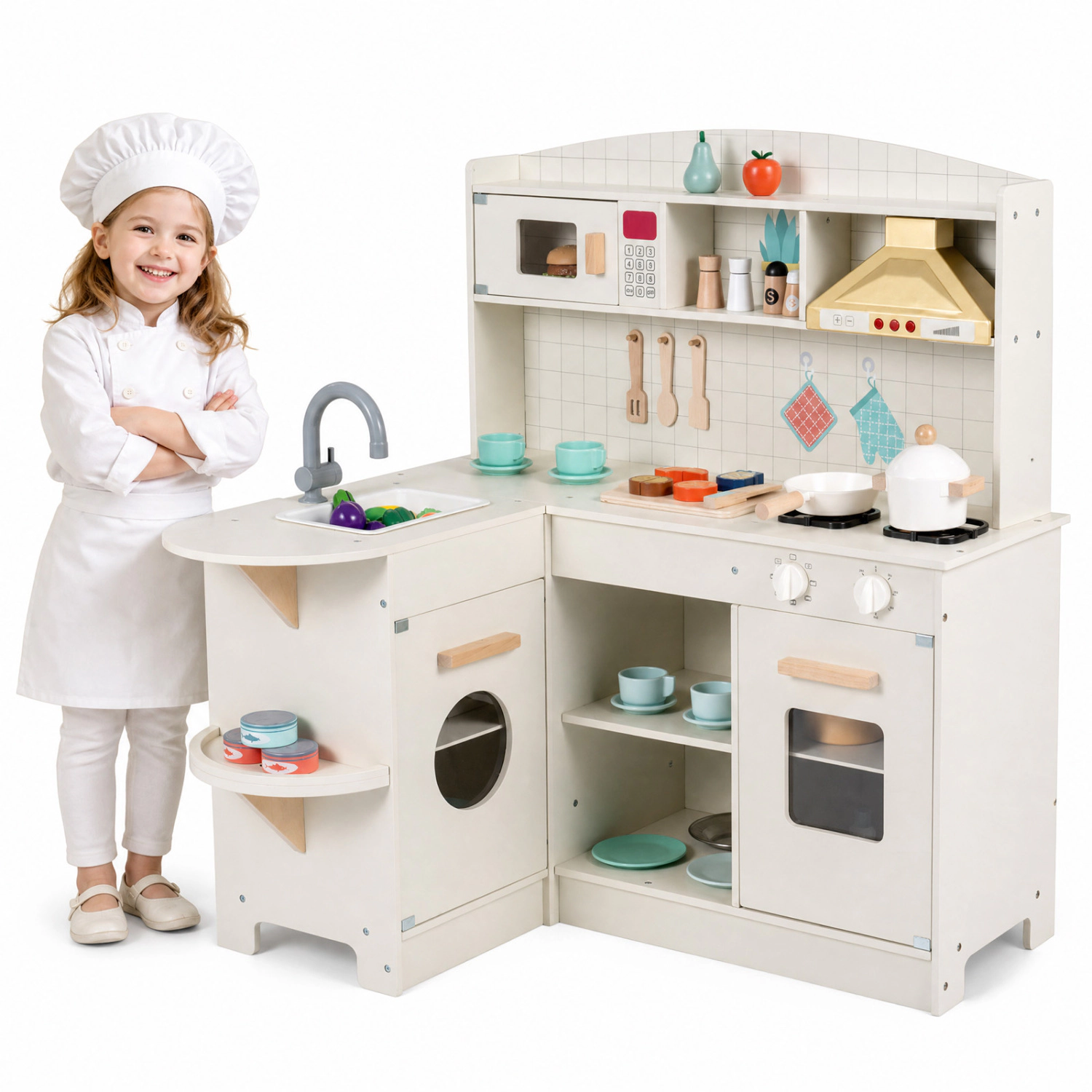 LJG Kids Wooden Play Kitchen with Lights & Sounds and Stove Microwave Sink for Ages 3+