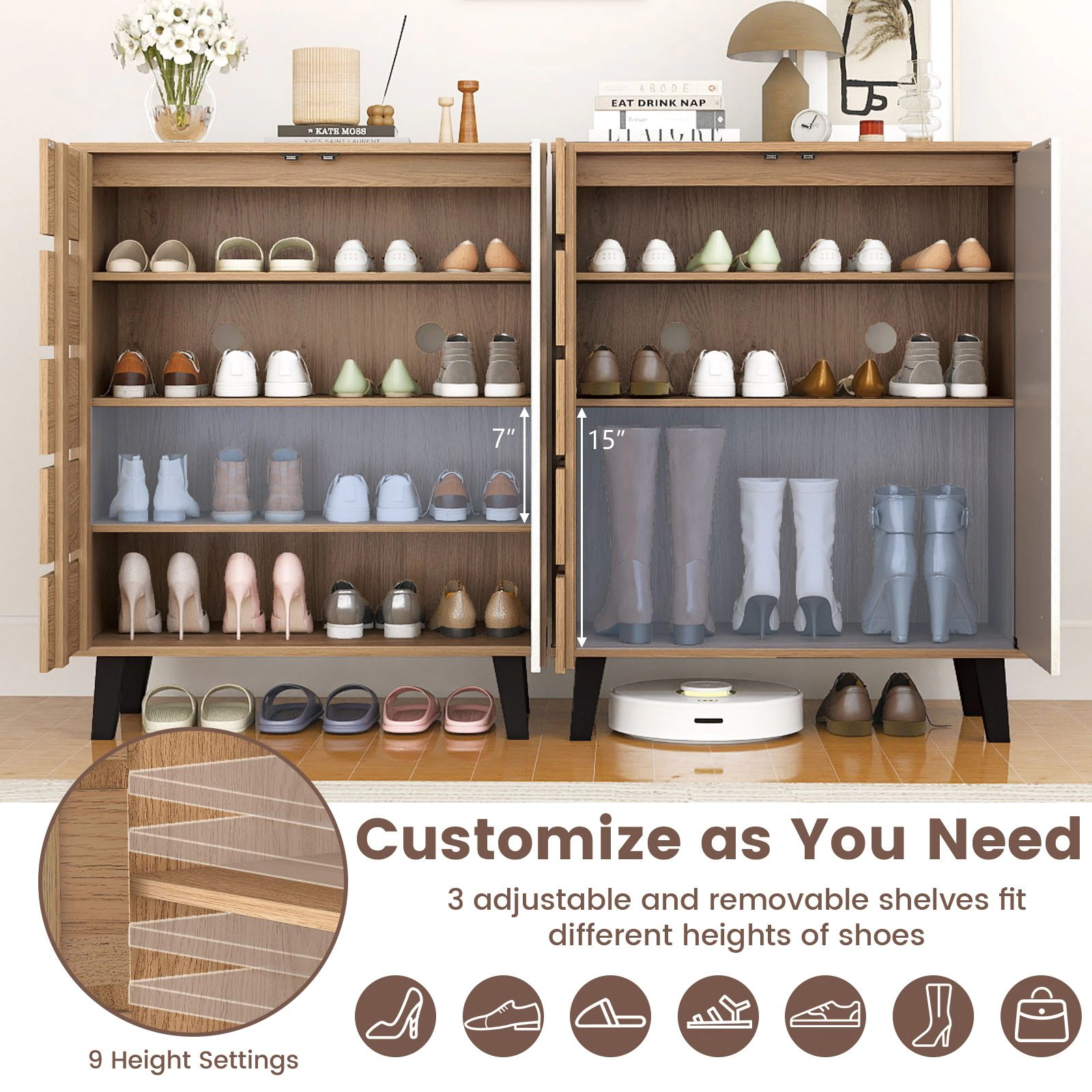 SlickBlue Entryway Shoe Organizer with Louvered Doors and Shelves