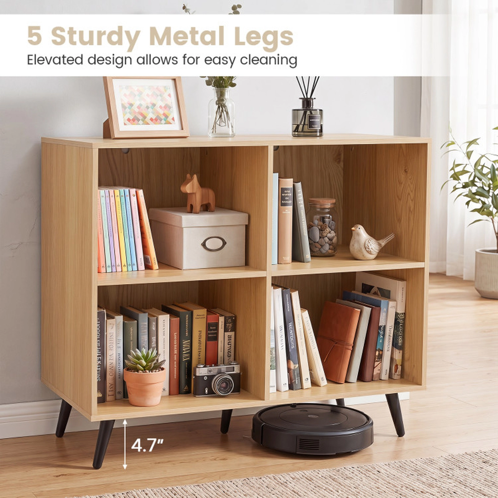 SUGIFT 4-Cube Wooden Bookshelf Bookcase Enclosed Back Panels & 5 Metal Legs 66-lb Top Shelf Capacity 22-lb Cube Capacity