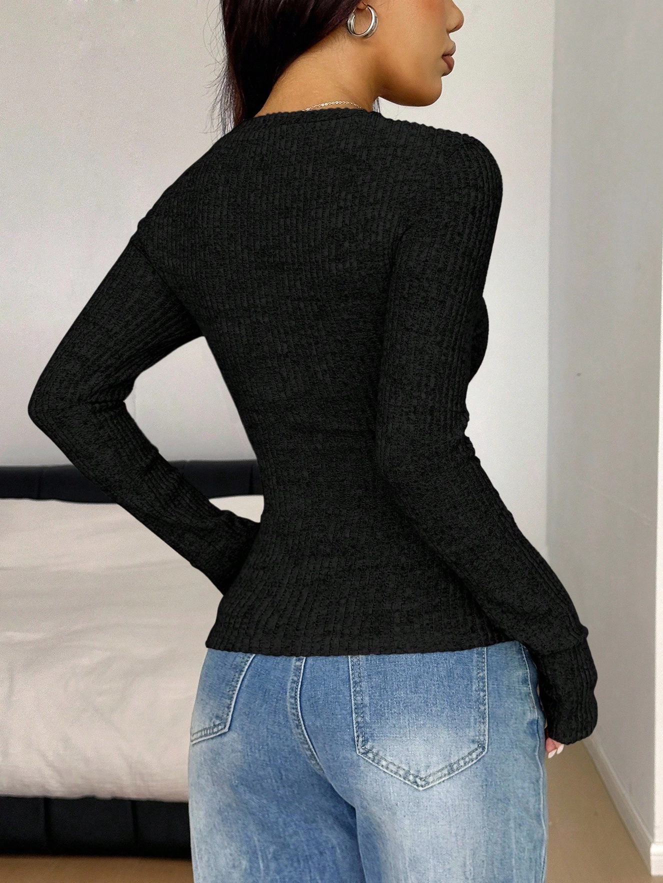 Enchanted Funland Womens V‑Neck Ribbed Henley Button Long Sleeve Slim Tops
