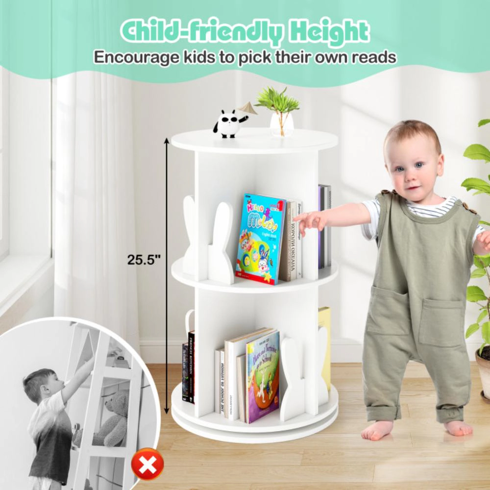 Hivvago 2 Tier Freestanding Kids Rotating Bookshelf Storage Rack with Bunny Baffles