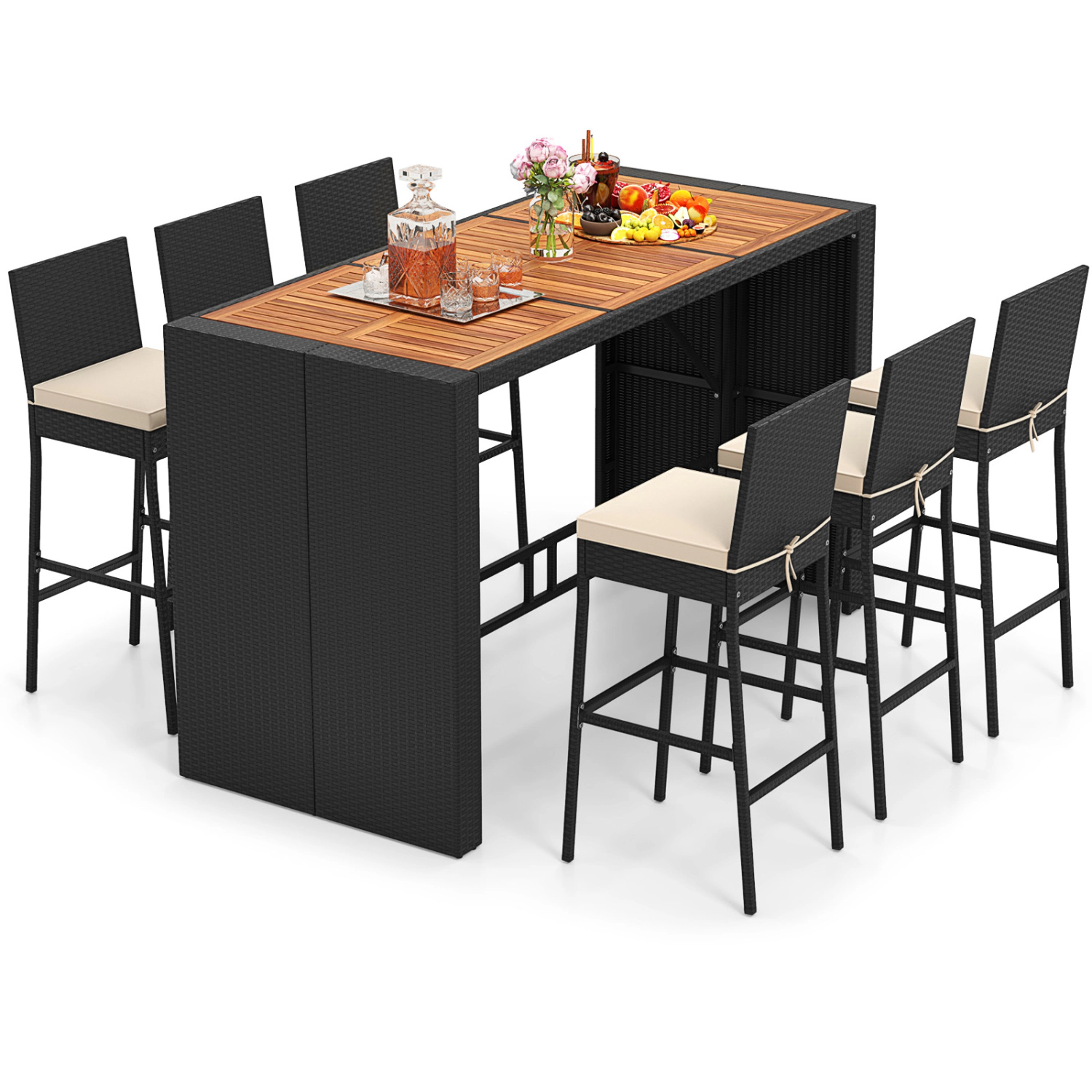 LJG 7 Pieces Patio Rattan Bar Set with Seat Cushions for Porch Yard Garden