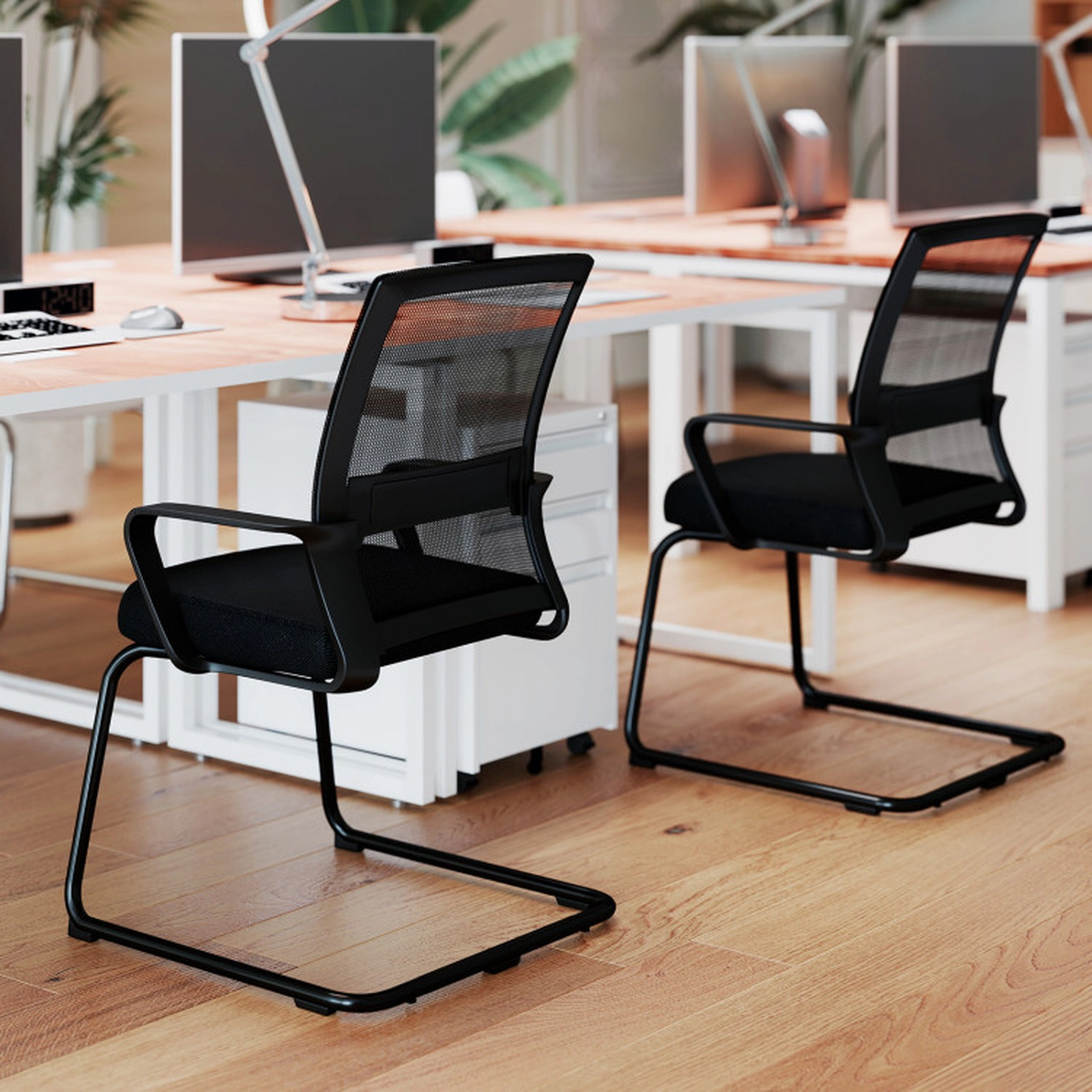 SUGIFT Set of 2 Mesh Back Lumbar Support Sled Base Office Guest Chairs 24.5-in x 23.5-in x 37-in 220-lb Capacity Black