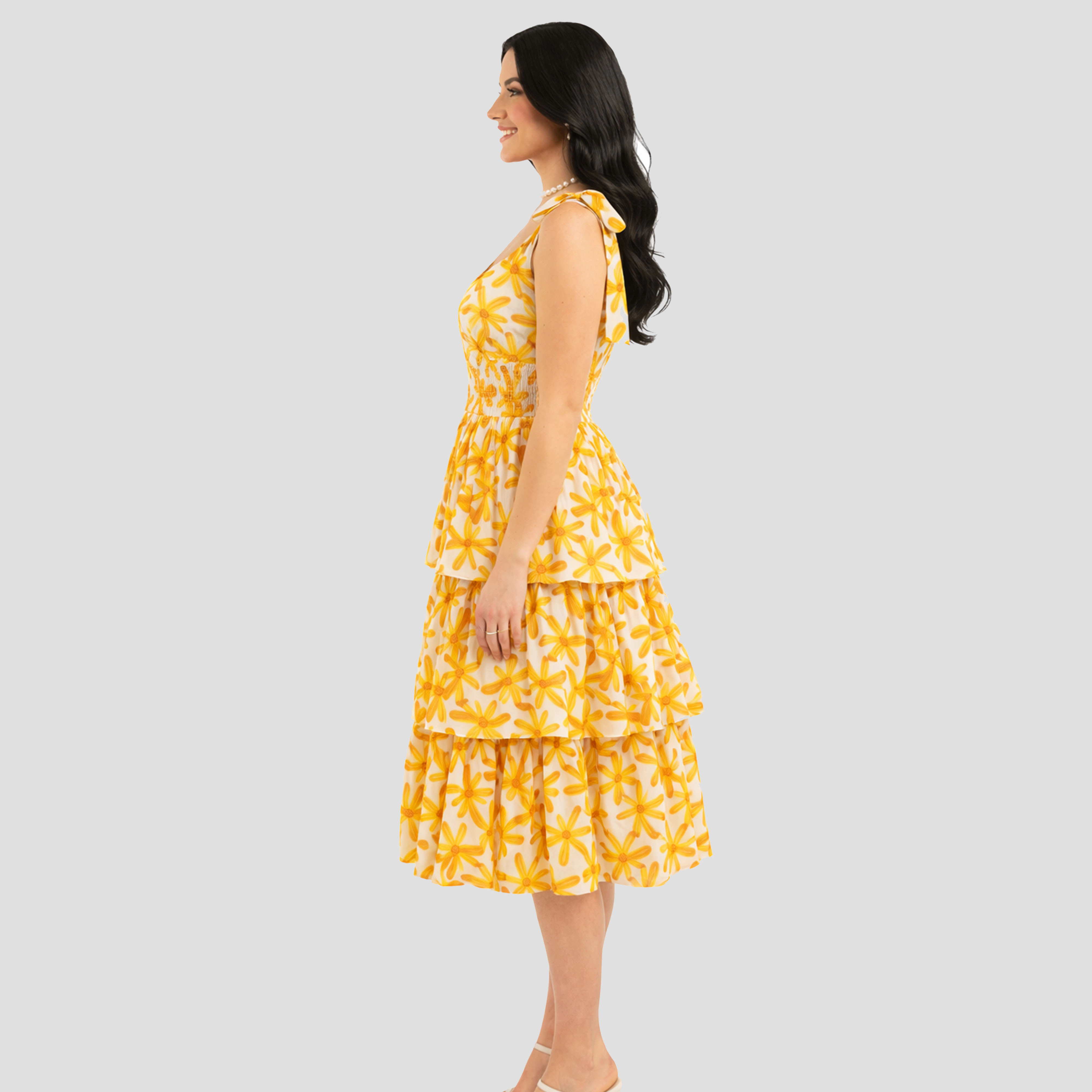Artyska Women’s Floral Tiered Midi Dress with Bow-Tied Sleeves