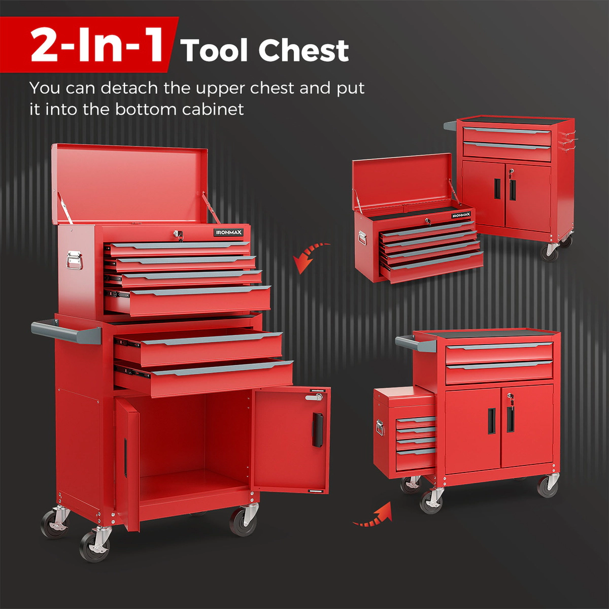 SUGIFT 6-Drawer Rolling Tool Storage Chest Cabinet 200-lb Capacity with Upper Chest and Bottom Cabinet Black/Red