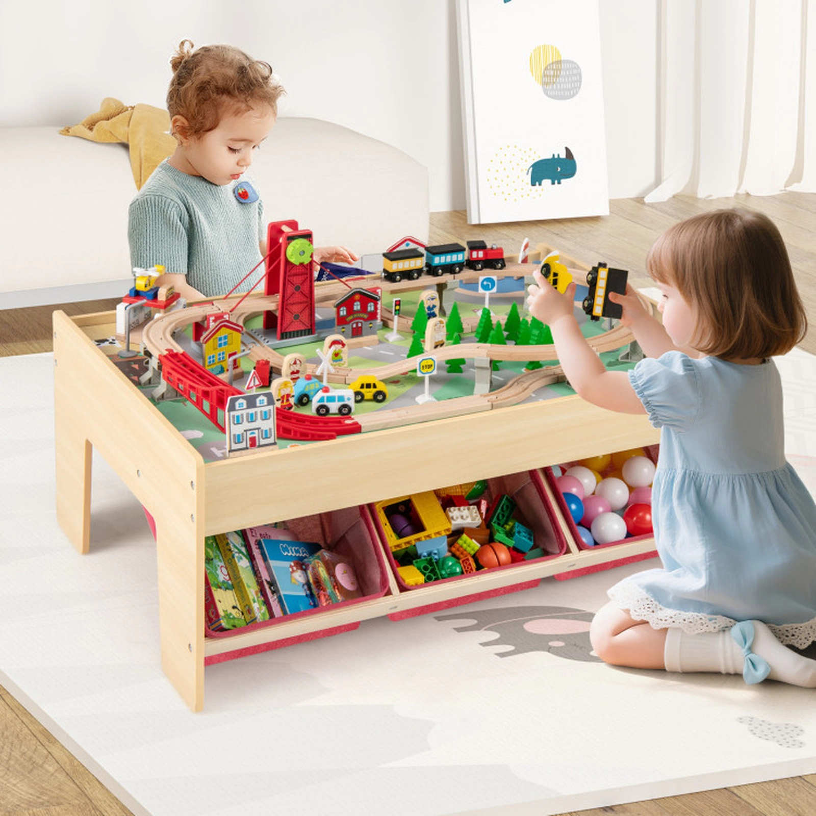 SUGIFT 94-Piece Wooden Train Table with Reversible Tabletops, Magnetic Trains and Fabric Drawers