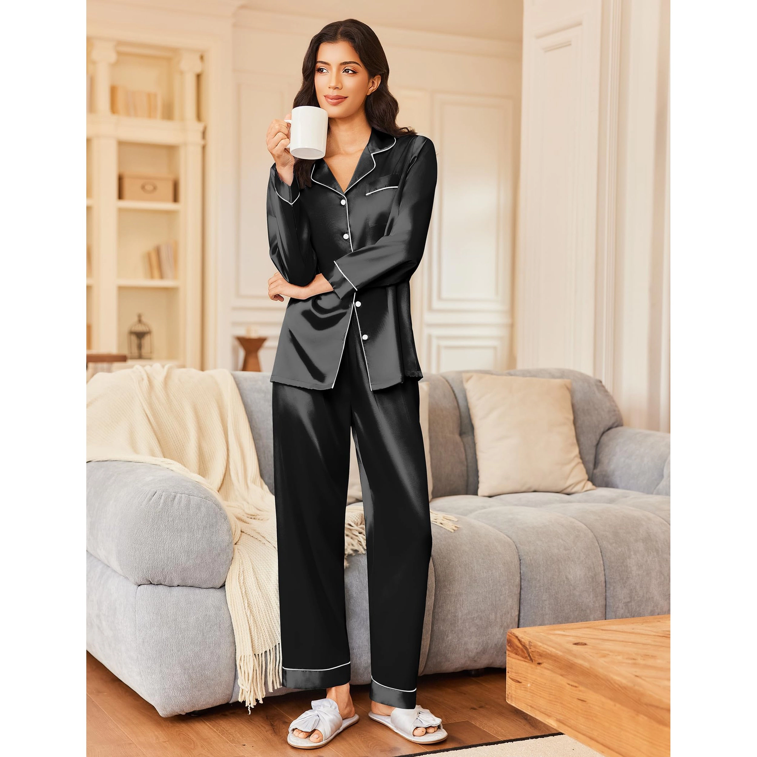 Ekouaer Silk Satin Pajama Set for Womens Button Up Long Sleeve Pajamas Sleepwear Two Piece