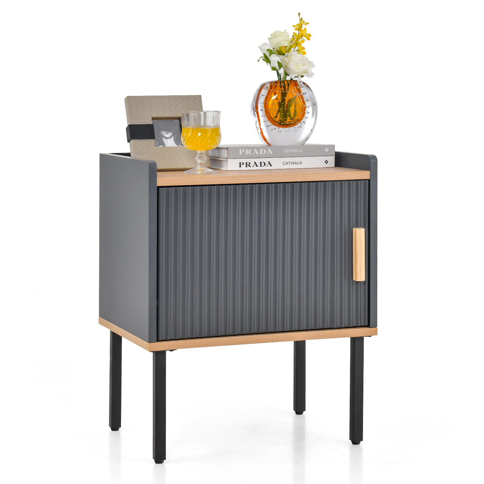 SUGIFT 22 in Gray Nightstand with Single-Door Cabinet and Raised Edge