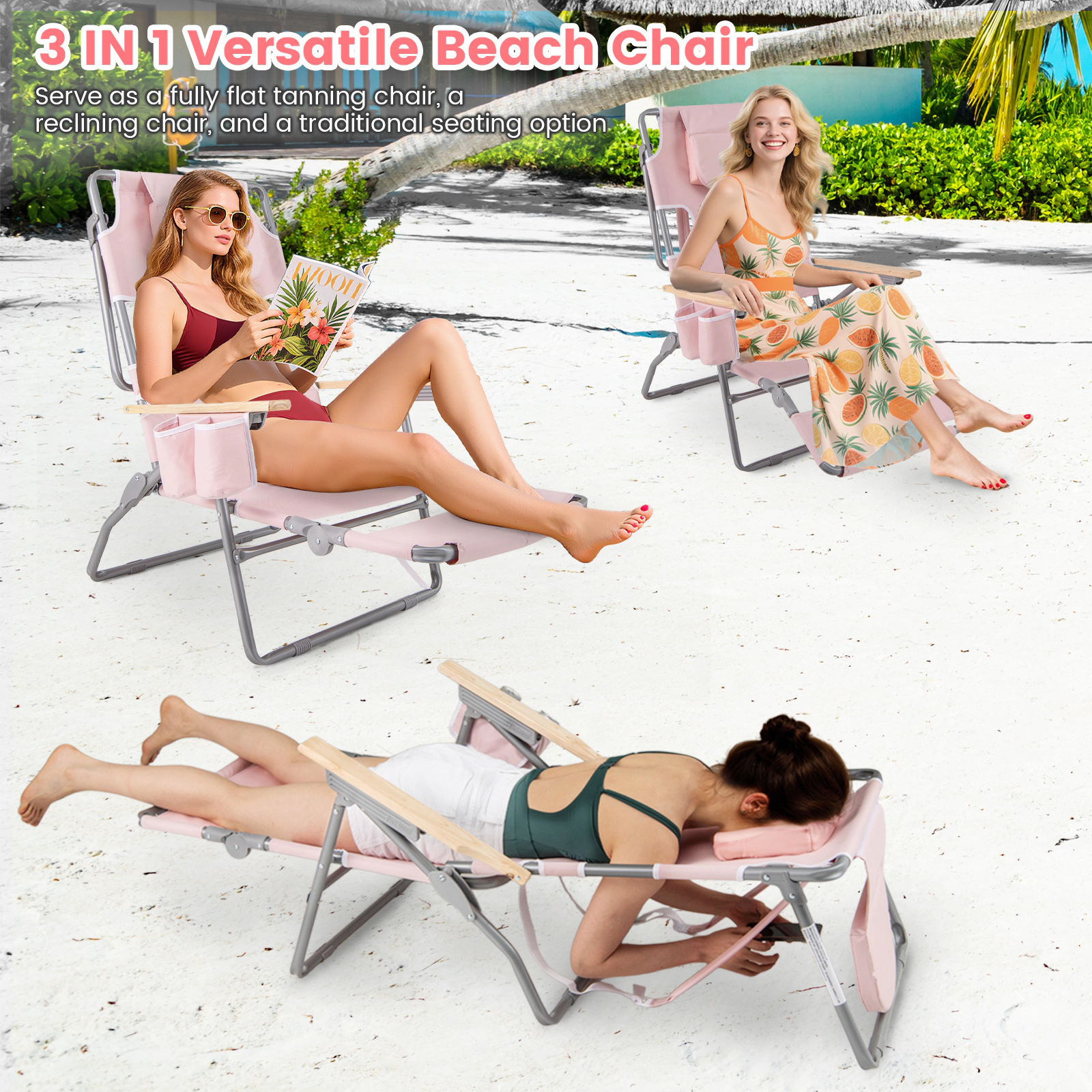 SUGIFT Pink 3-in-1 Folding Beach Chair with Footrest, Reclining Backrest and Face Hole