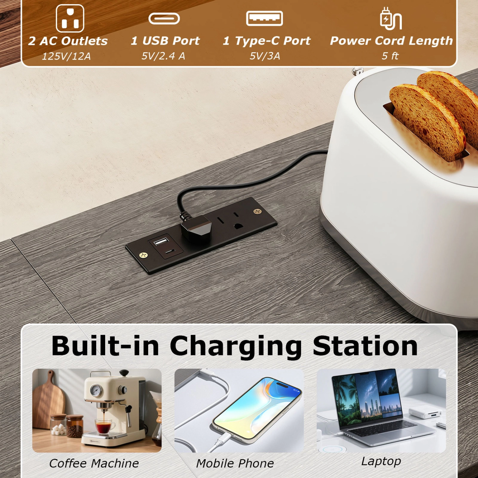 SUGIFT L-Shaped Dining Table and Chair Set with Charging Station 220-lb Table Capacity Industrial Brown and Black