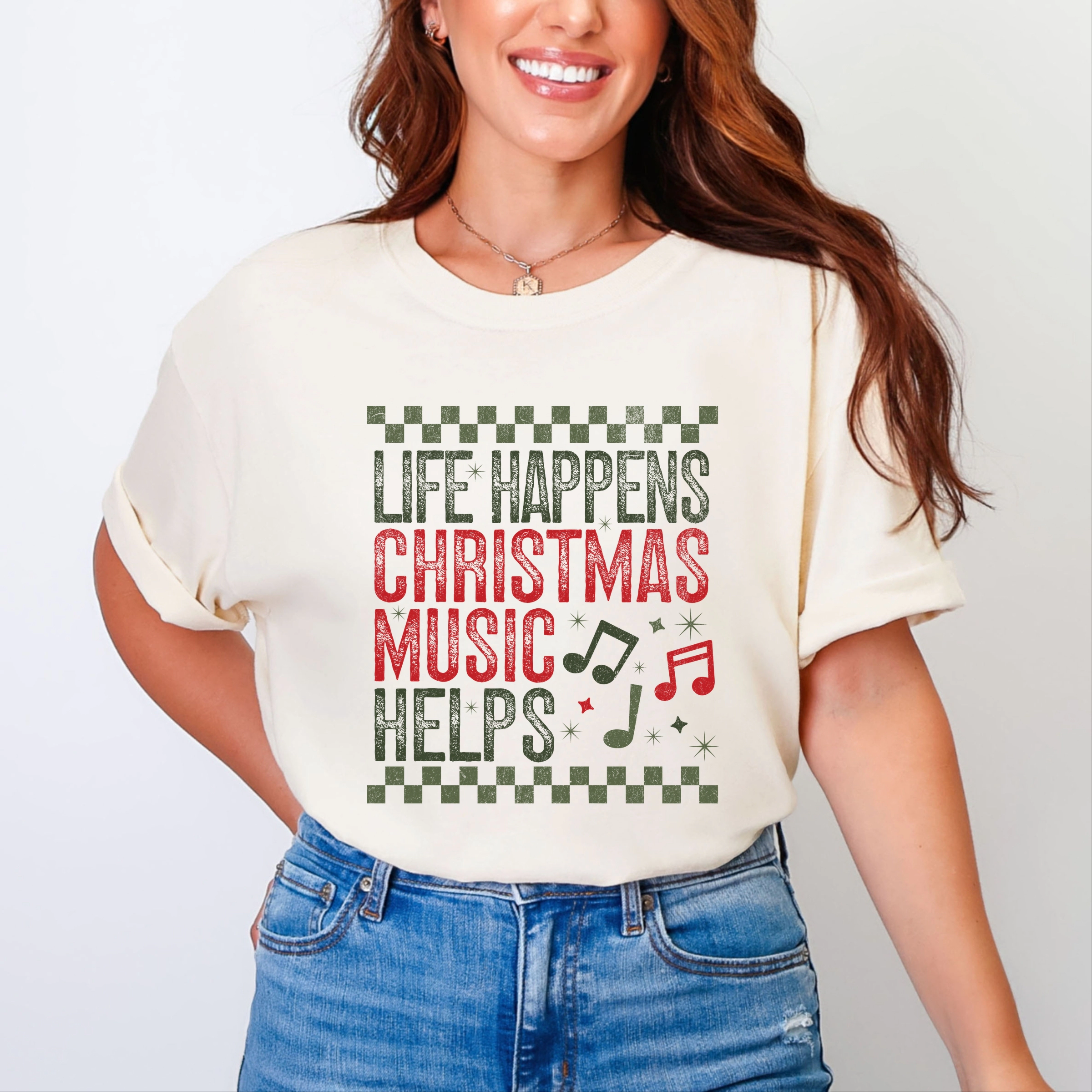 Simply Sage Market - Women's Garment Dyed Graphic T-Shirt Christmas Music Helps Checkered