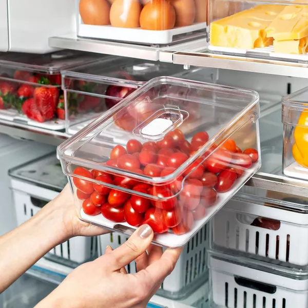 OU Fridge Organizer Bins w/ Drain Basket & Vented Lid, Clear Stackable Storage Container, BPA Free, 2 Pack (2.3qt Each)