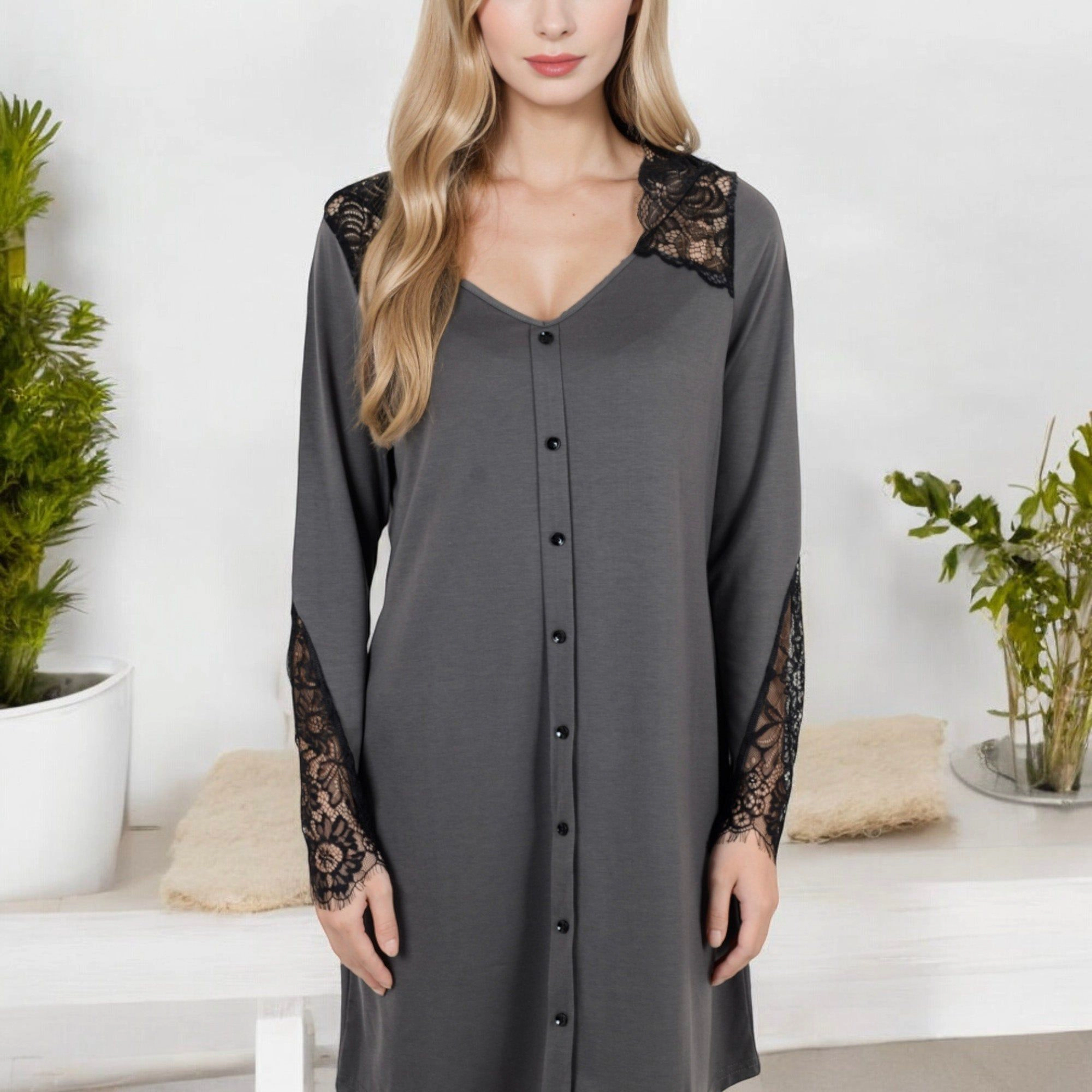 Anna-Kaci Women's Button Front Lace Shoulder Sleeve Detail Nightdress