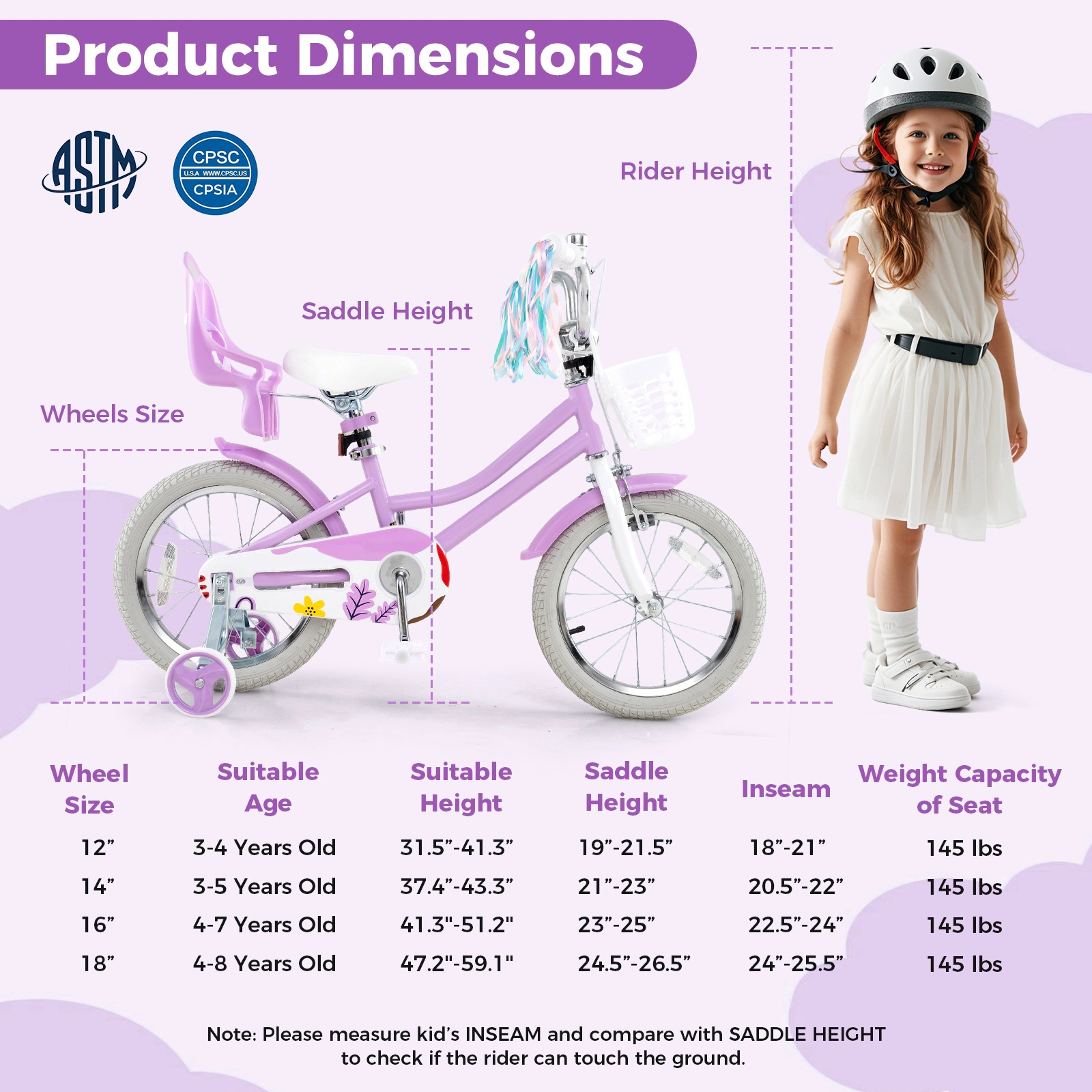 SUGIFT Purple Doll Seat Streamers Training Wheels and Front Basket Girls 16 Inch Bike