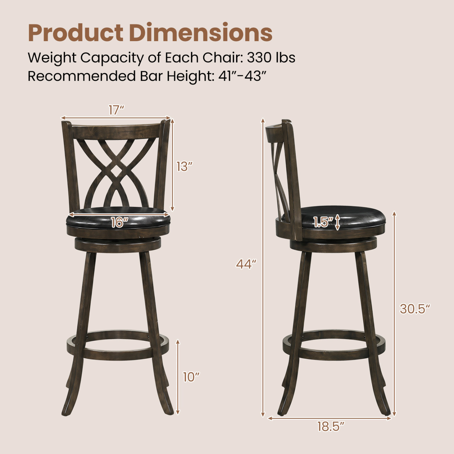 Glintex 2-Piece 30.5-Inch Swivel Bar Stool Set with Hollowed Backrest, Gray