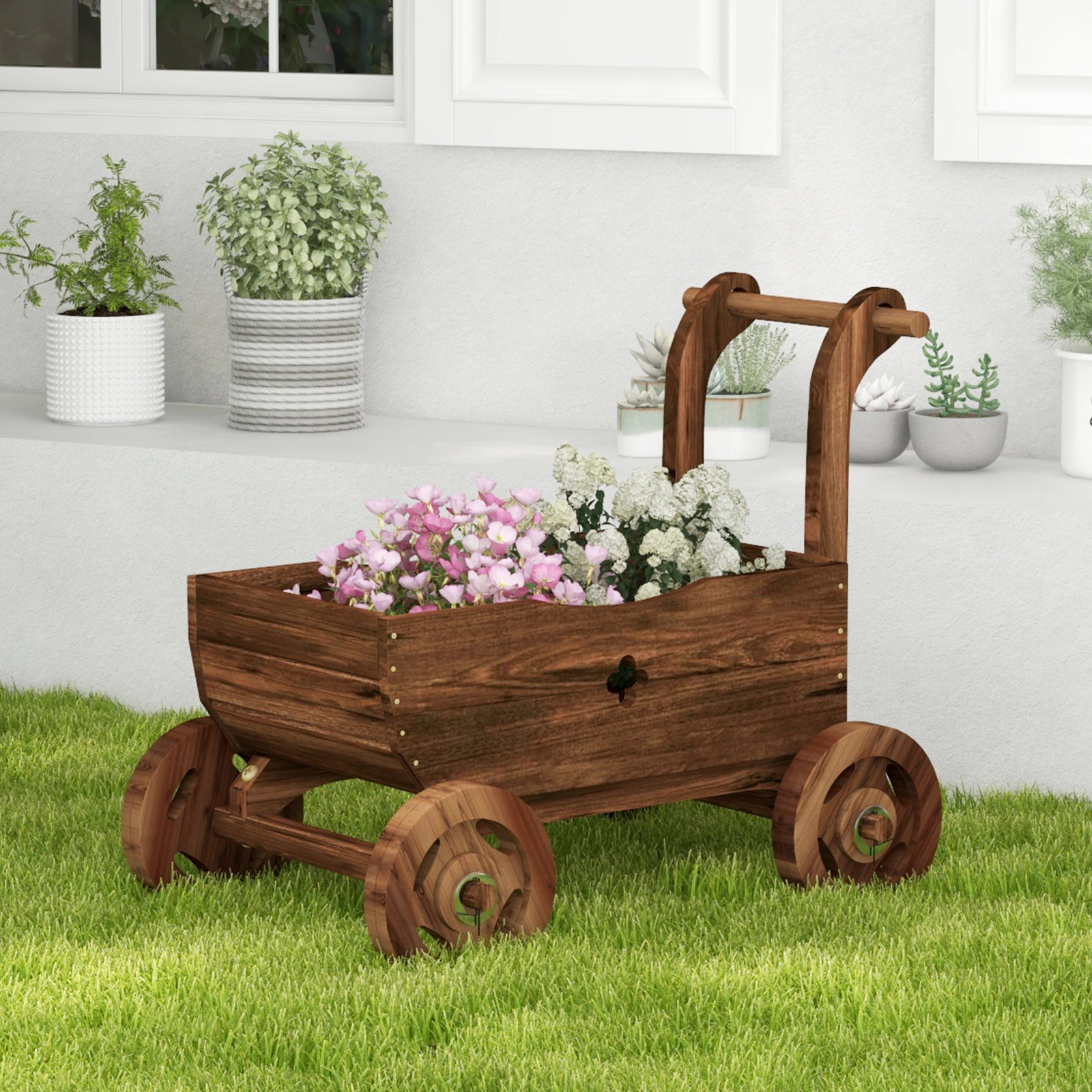 SUGIFT Decorative Fir Wood Wagon Cart Planter with Handle Wheels 44-lb Capacity 27-in Long Rustic Brown
