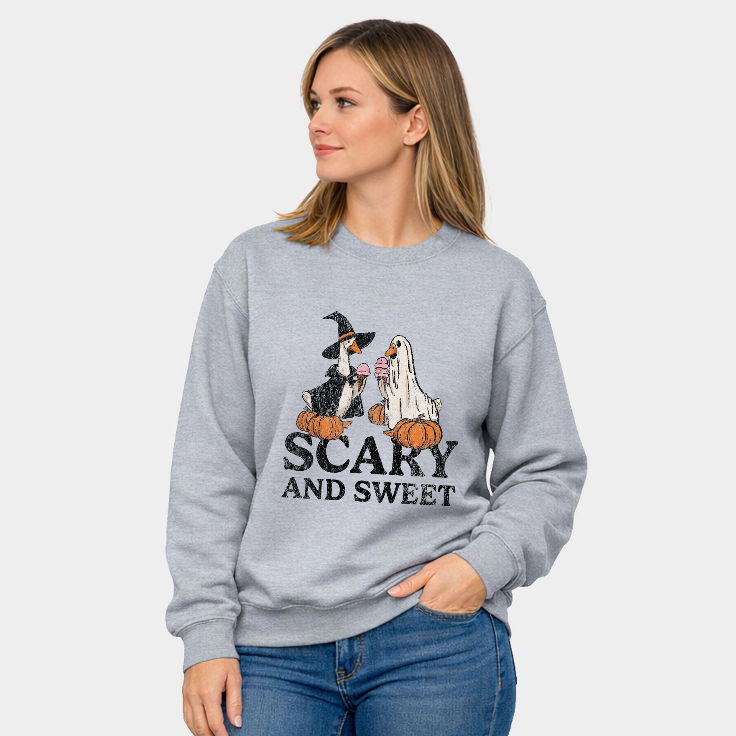 Simply Sage Market - Women's Graphic Sweatshirt Scary and Sweet Geese