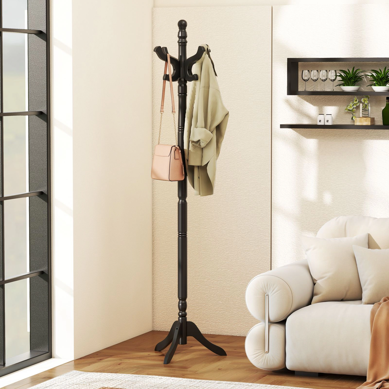 SlickBlue Freestanding Coat Rack Solid Wood Hall Tree with Adjustable Height