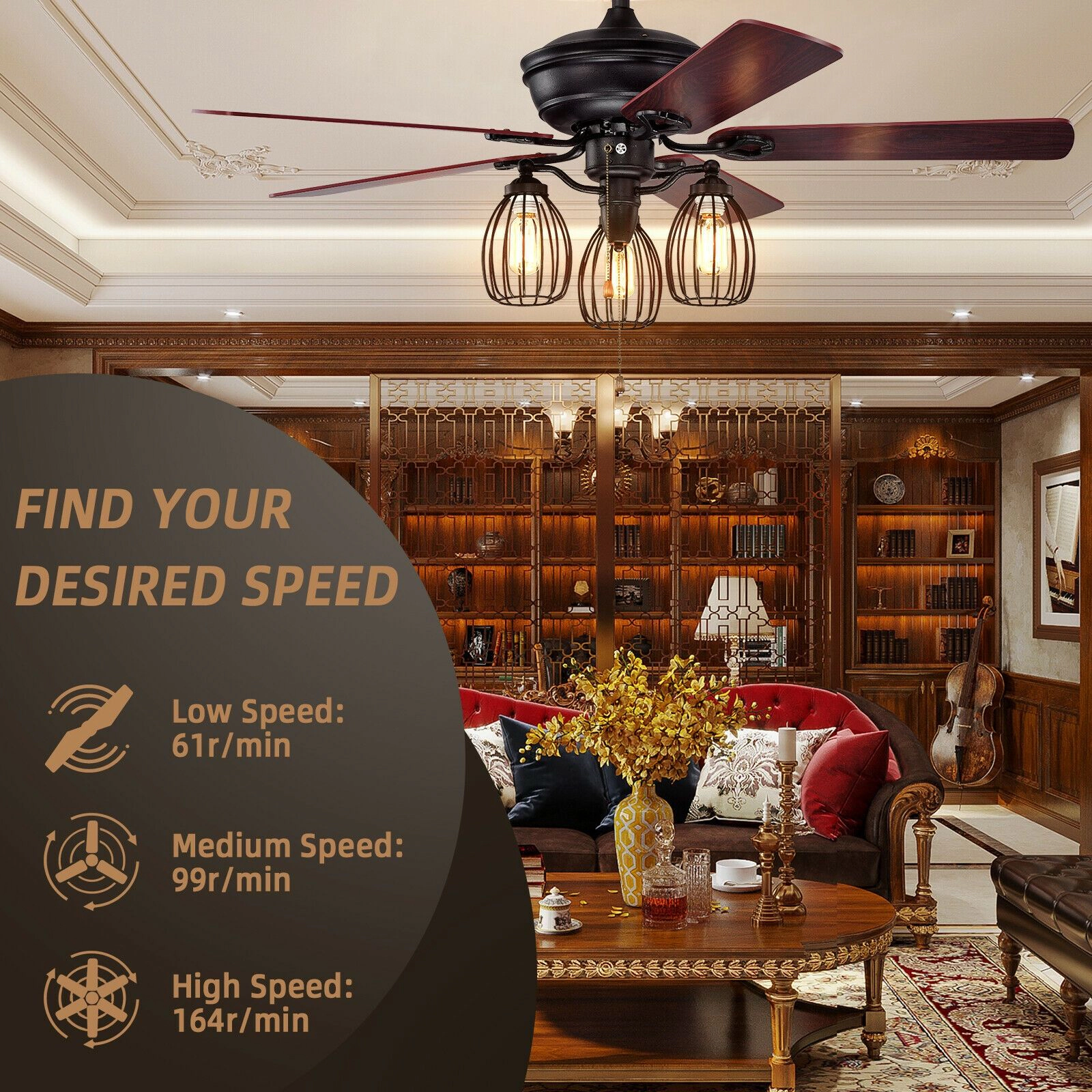 SlickBlue 52 Inch Black Ceiling Fan, 3-Speed, Reversible Motor
