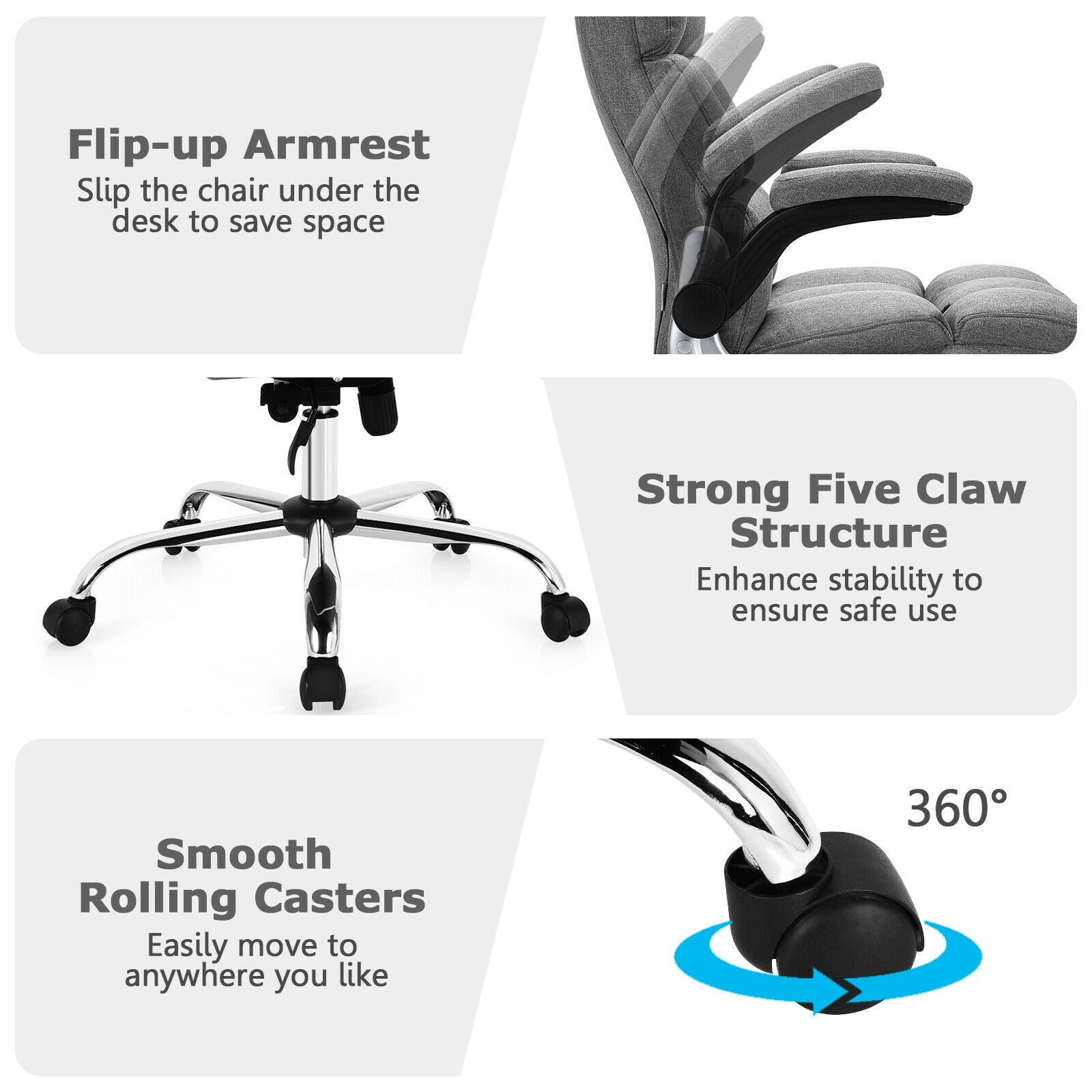 SUGIFT High Back Flip-up Armrests Linen Upholstered Swivel Office Chair 30-in x 28-in x 43-in 400-lb Capacity Gray