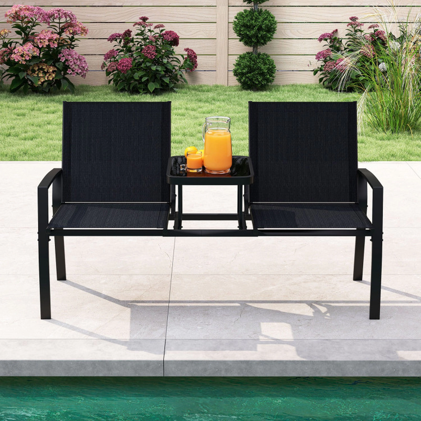 SUGIFT Black Outdoor Loveseat with Built-In Glass Table, 400-lb Seat Capacity