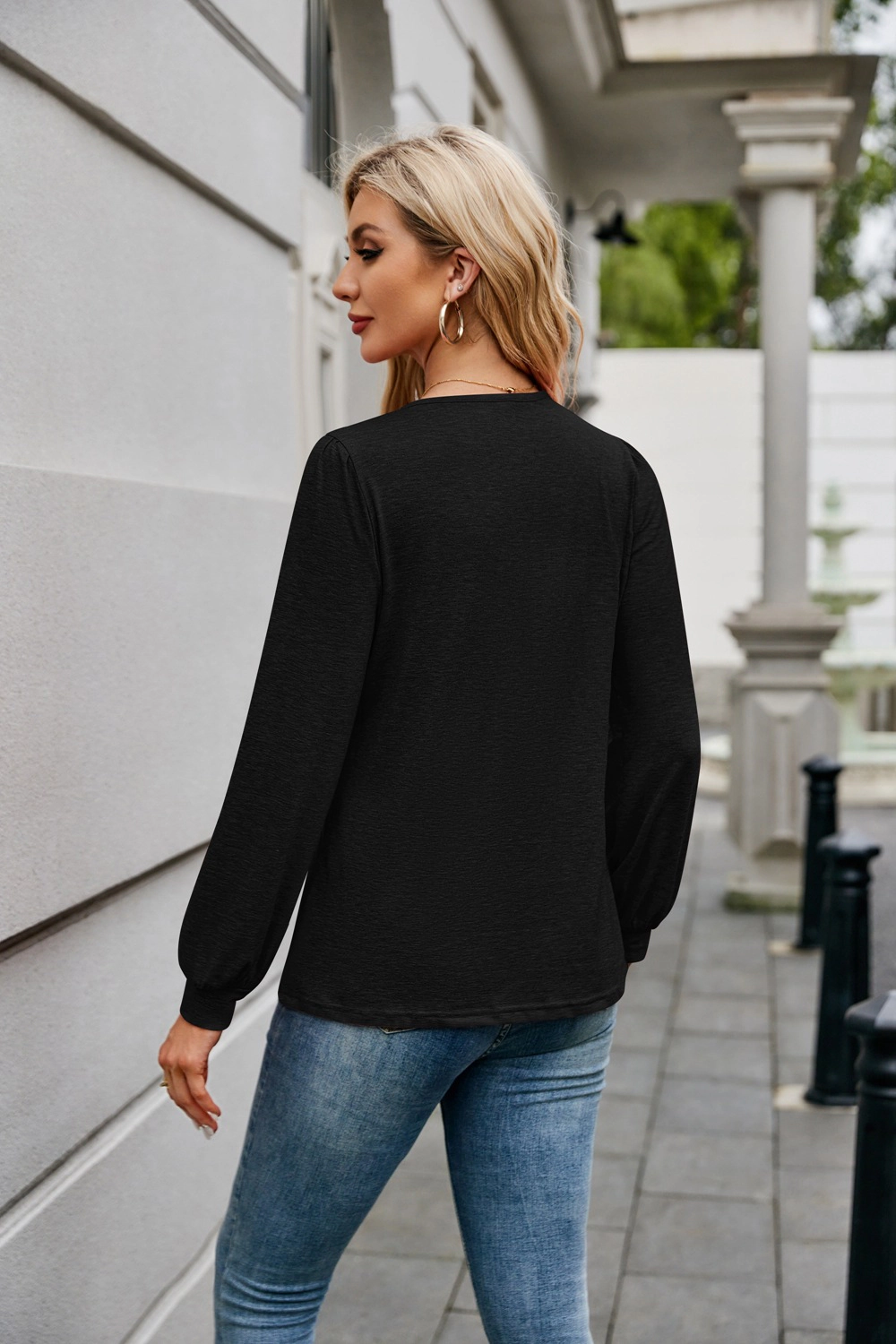 Enchanted Funland Womens V‑Neck Heathered Puff Long Sleeve Blouse Tops