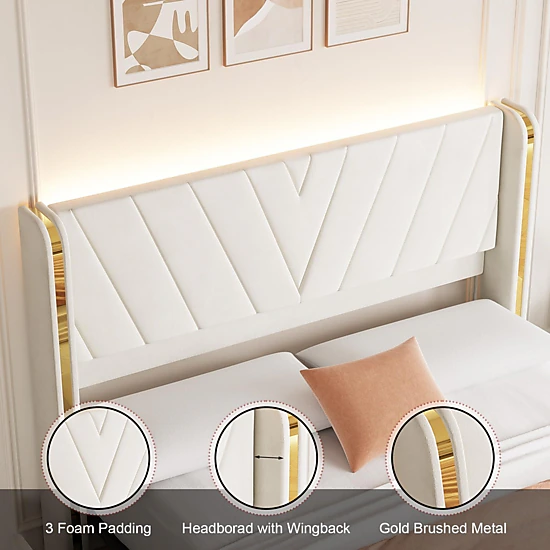 BebreezChic Full Velvet Upholstered Bed Frame with LED Lights, 4 Drawers, Wingback Headboard and Charging Station
