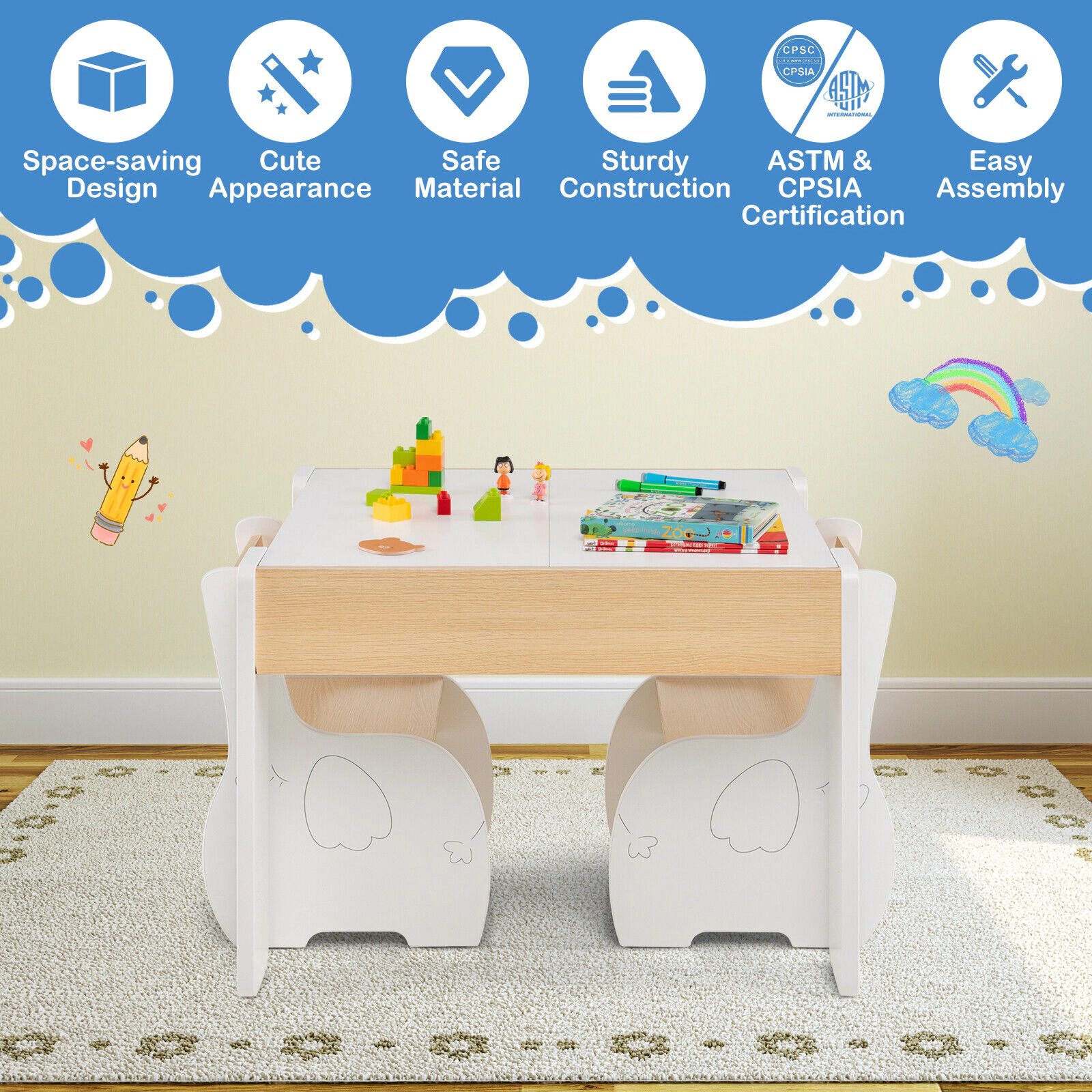 SUGIFT 4-in-1 Wooden Kids Activity Table and Chairs with Storage and Blackboard 66-Lb Desktop Ages 3-6 White/Gray