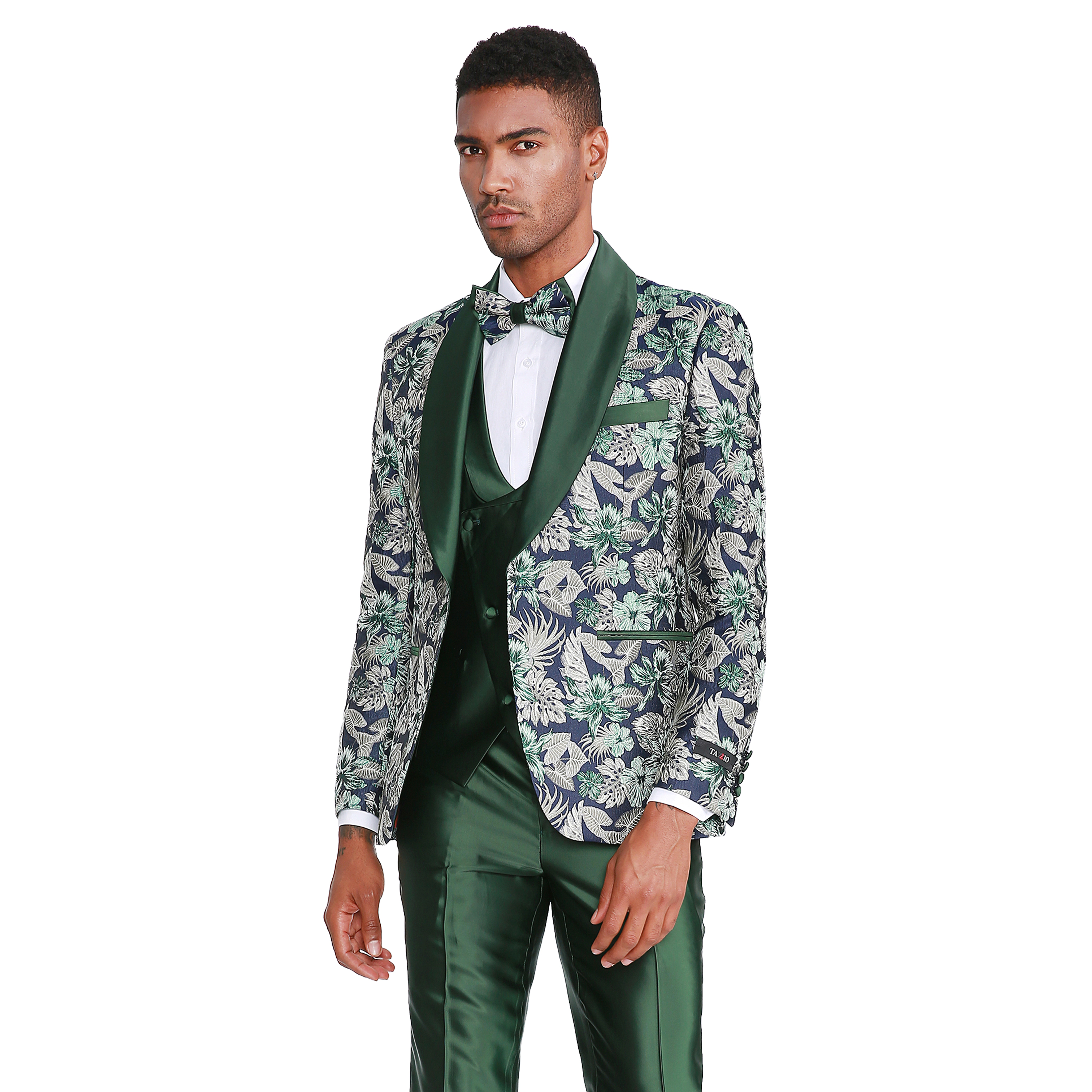 Tazzio Mens Skinny Fit Floral 3pc Fashion Suit Set With Bowtie