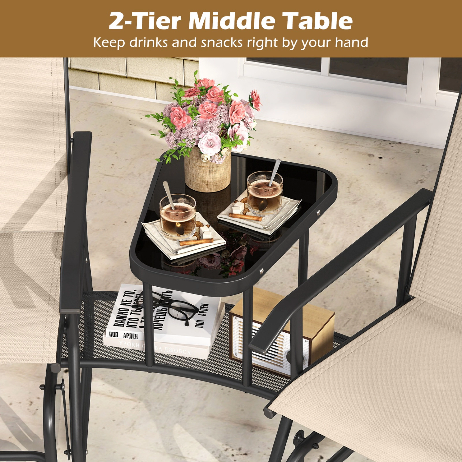 SUGIFT Beige 2-Seat Outdoor Metal Glider Bench with Independent Rocking Seats and 2-Tier Table