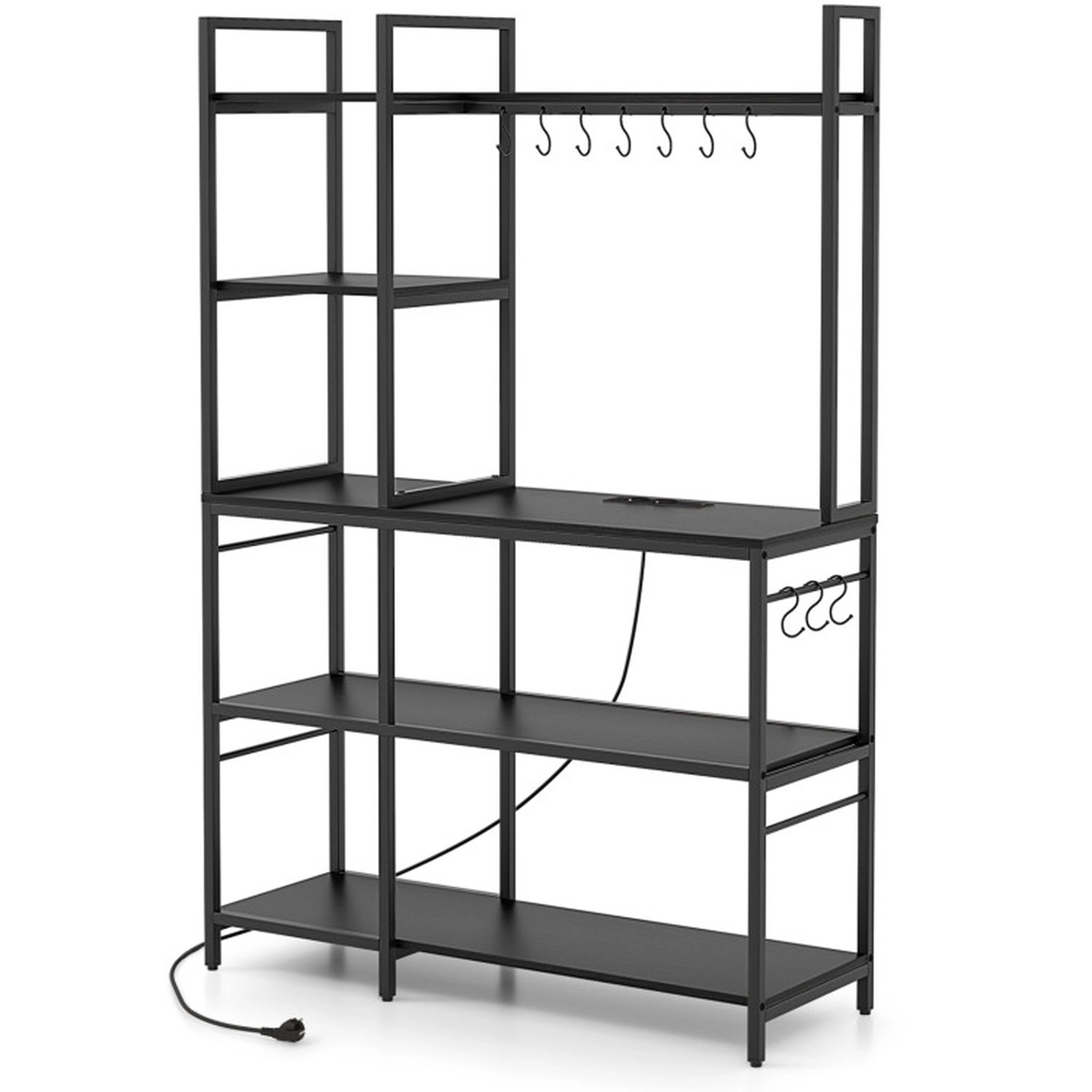 SUGIFT 5-Tier Bakers Rack Shelving Unit with Power Outlets and 10 S-Shaped Hooks 220-lb Capacity Rustic Brown/Black