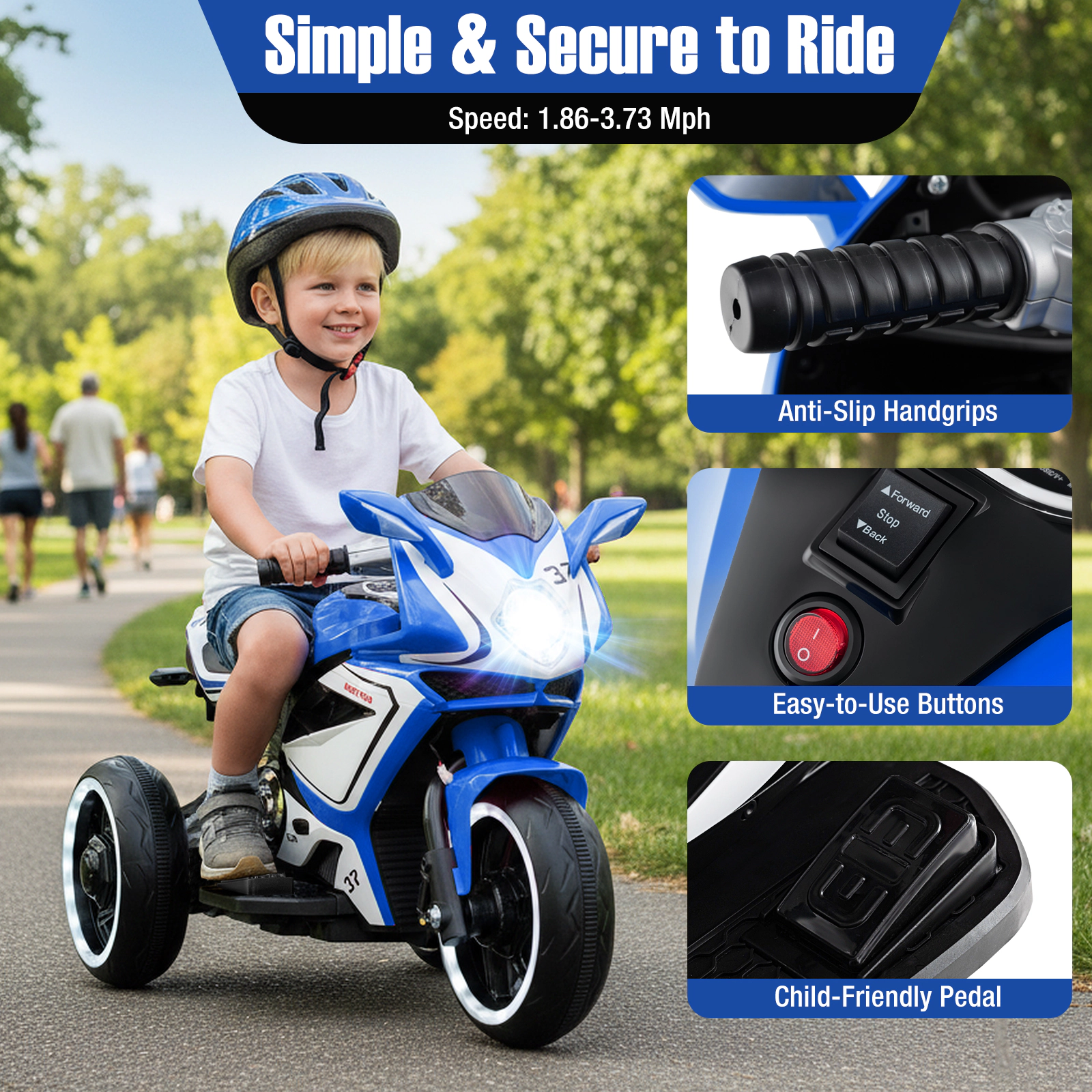Kids Ride on Motorcycle 6V Battery Powered 3-Wheel Electric Motorbike LED Headlight Music USB Ages 3+ 66-lb Capacity