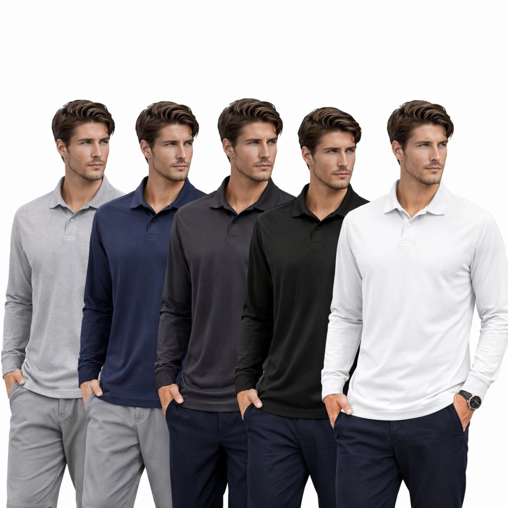 BenBen Men's Lightweight Long Sleeve Polos, 5 Pack - Everyday Wear
