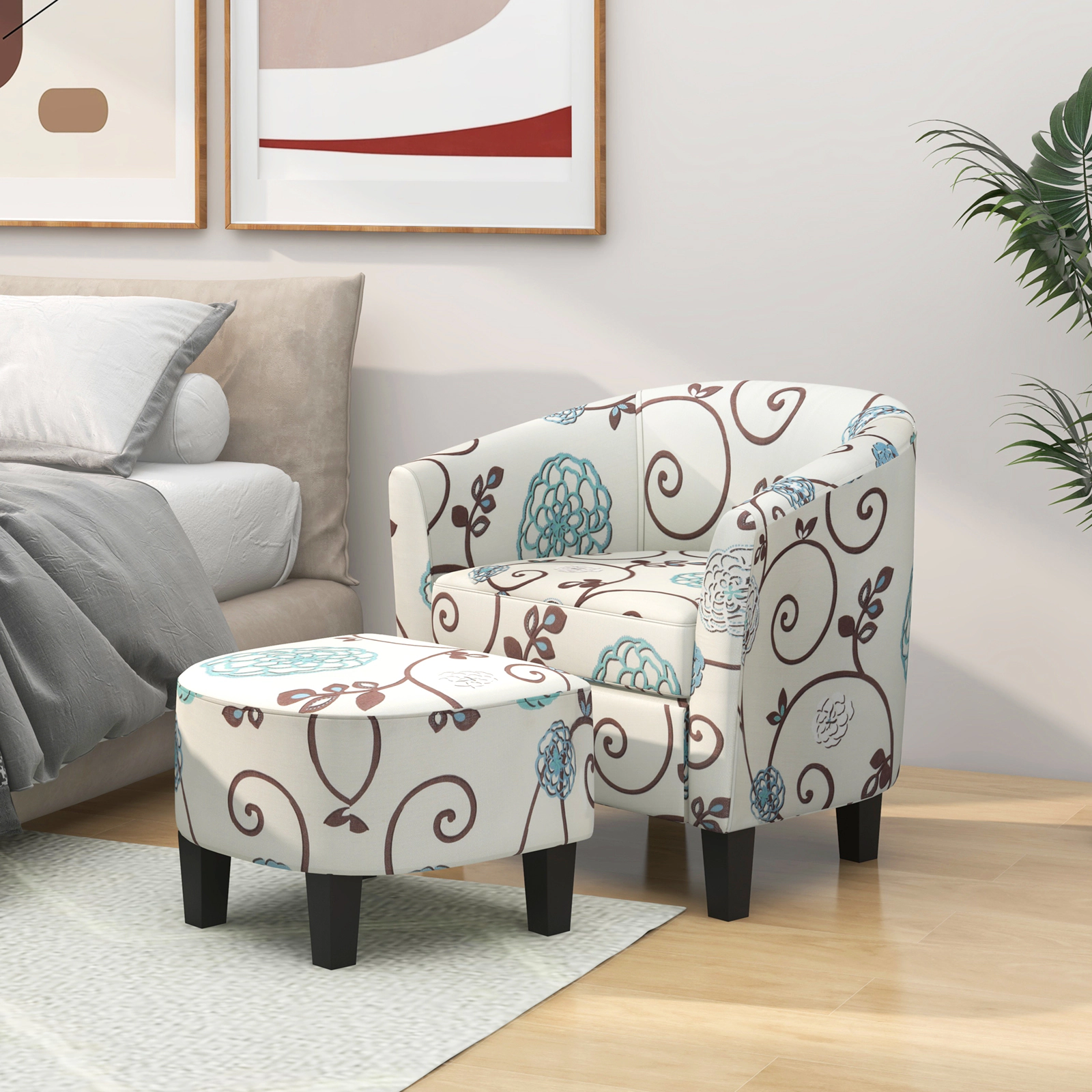 SUGIFT Beige Linen Barrel Accent Chair with Ottoman, U-Shaped Backrest, 17-In Seat, Pine Legs