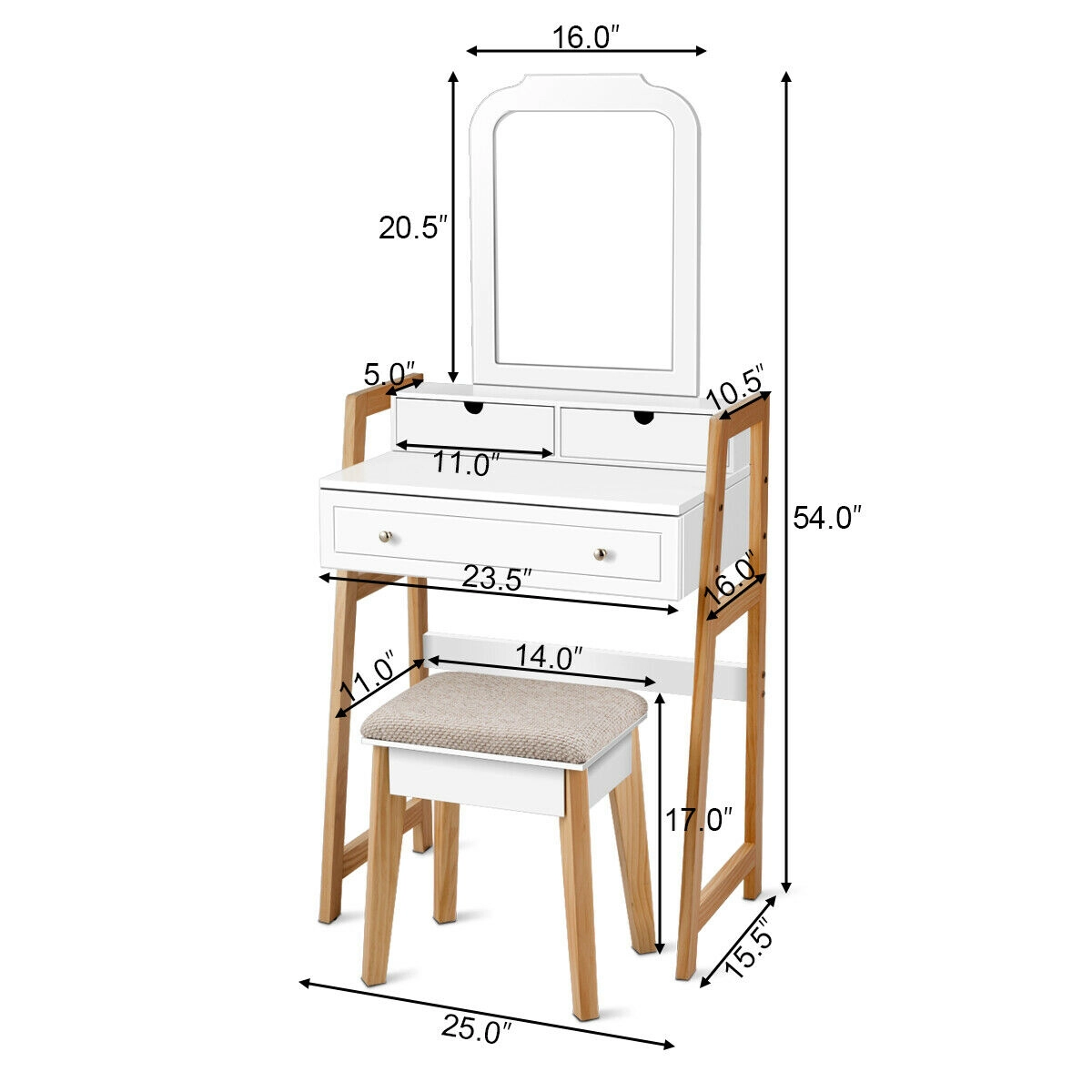 SUGIFT 286-lb Capacity White Vanity Makeup Table Set with Large Mirror 3 Drawers and Cushioned Stool