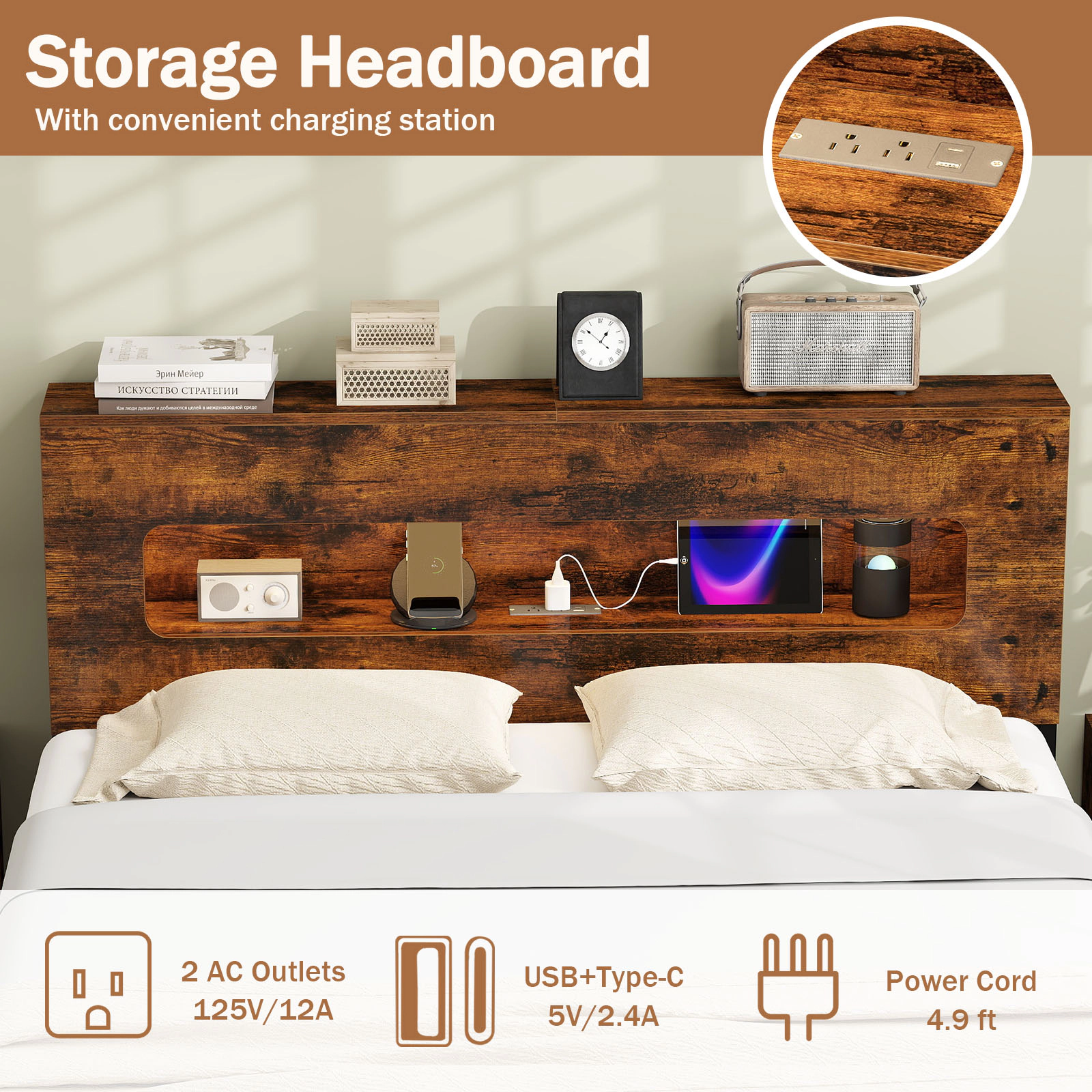 SUGIFT Full Platform Bed Frame with LED Storage Headboard, Full Size, Rustic Brown and Black