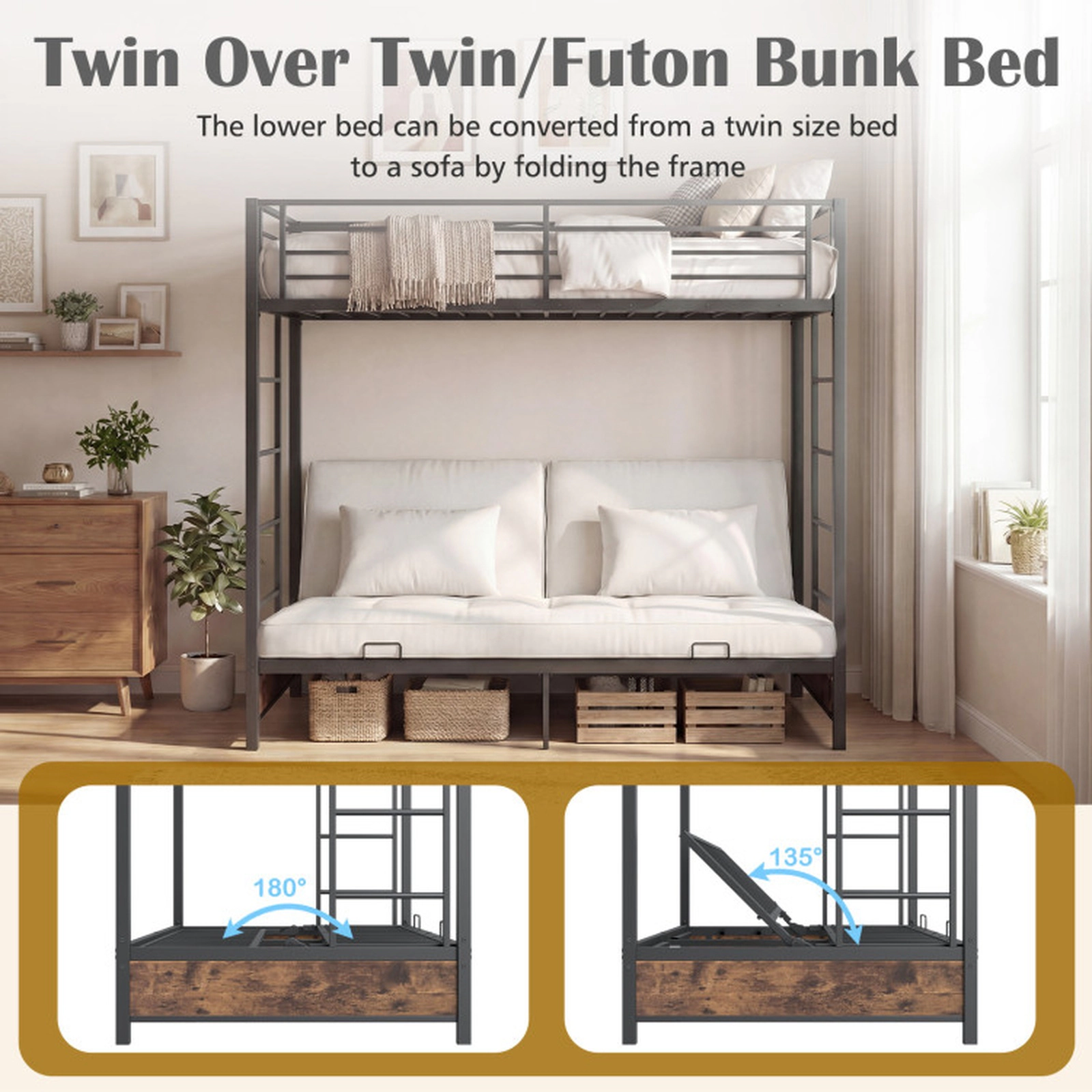 SUGIFT Rustic Brown Headboard and Footboard 485-lb Heavy Duty Twin Over Futon Teens Metal Bunk Bed